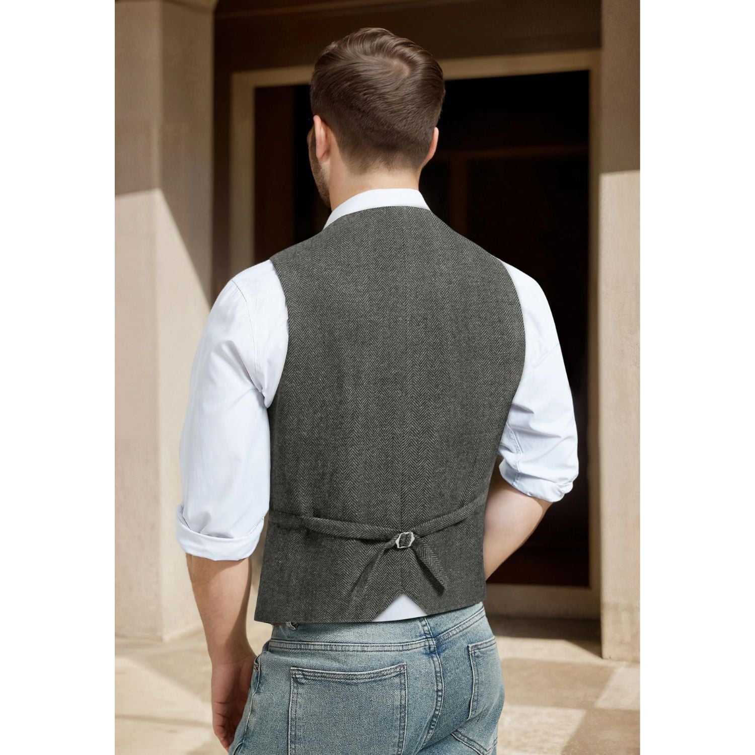 Hisdern Men's Herringbone Tweed Wool Vest Grey for Party Suit Vest