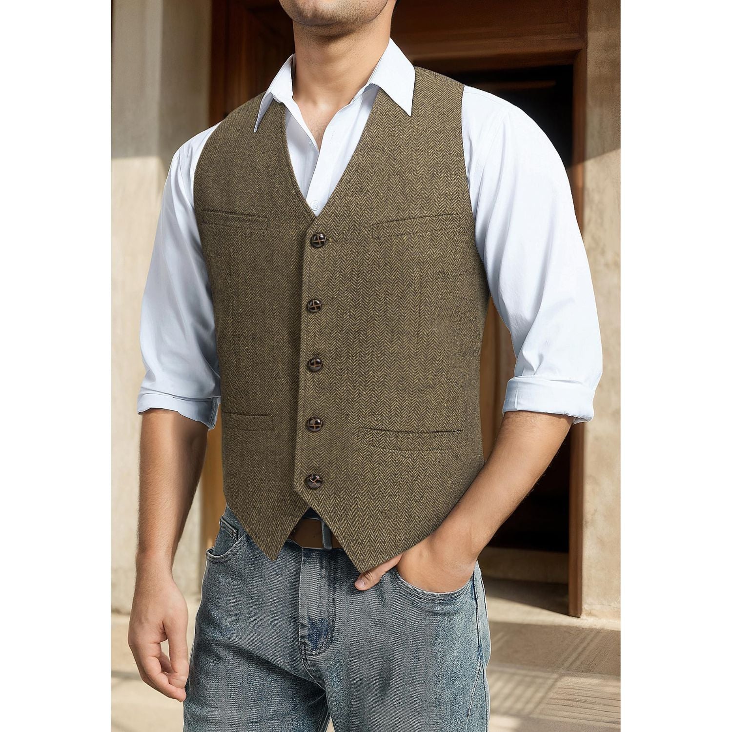 Hisdern Men's Herringbone Tweed Wool Vest Brown for Party Suit Vest