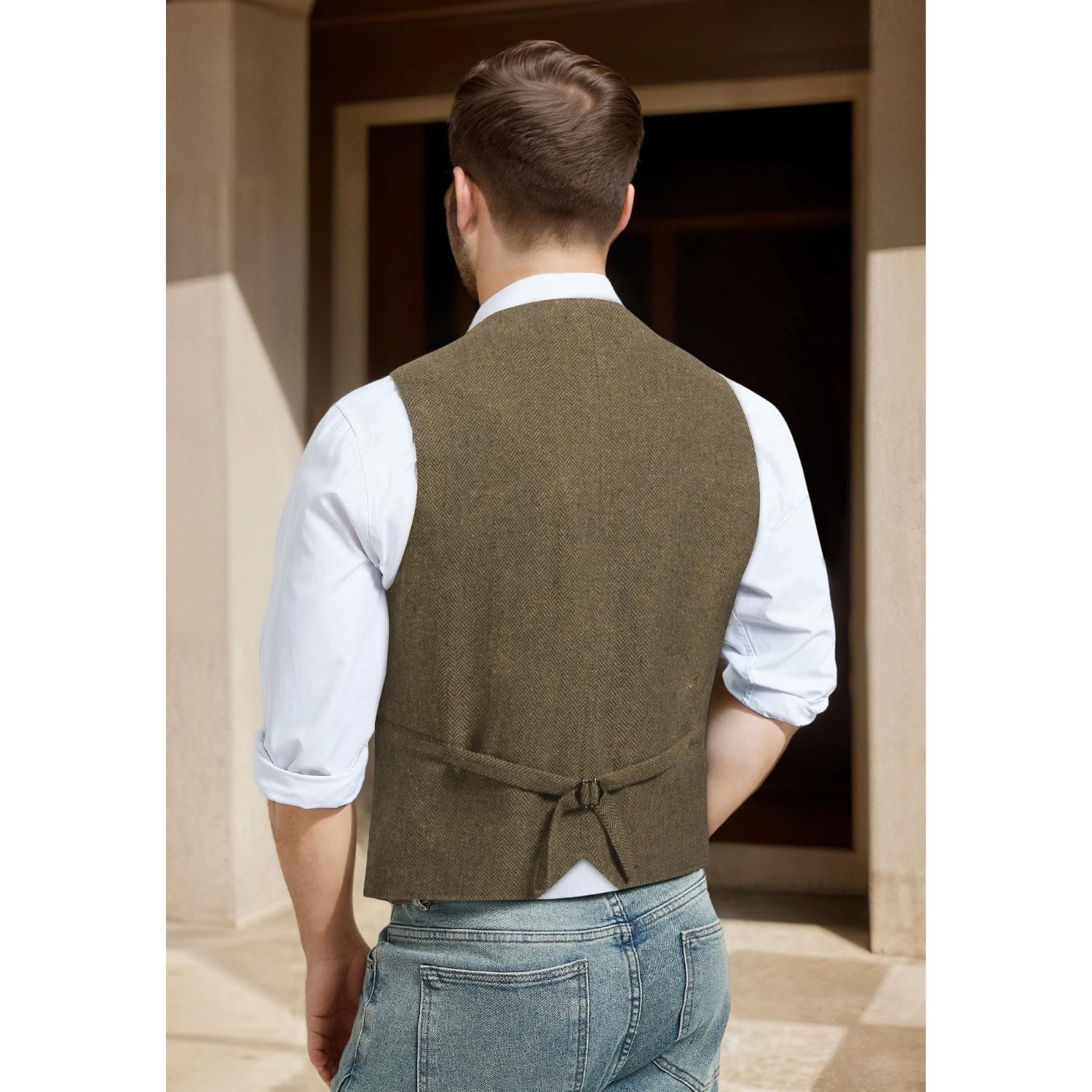 Hisdern Men's Herringbone Tweed Wool Vest Brown for Party Suit Vest