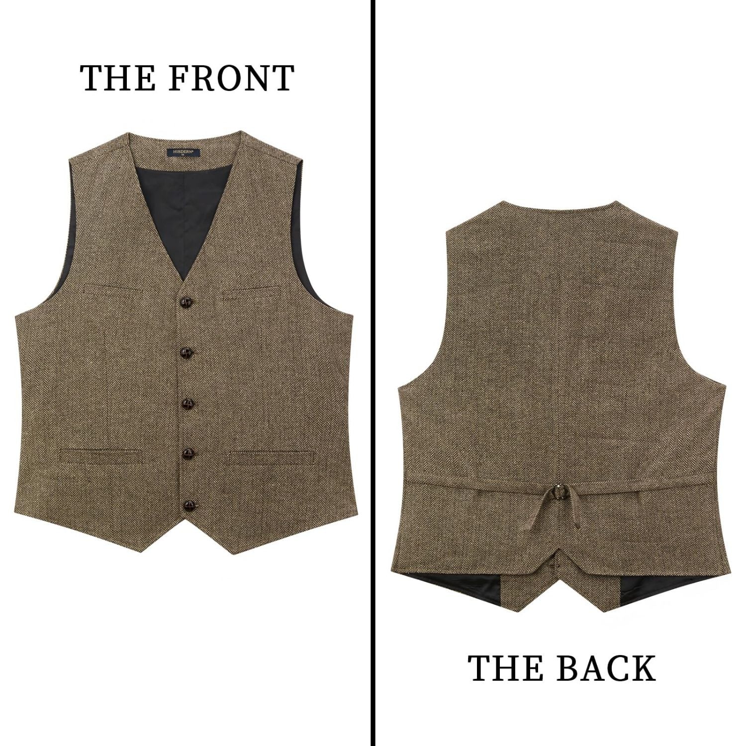 Hisdern Men's Herringbone Tweed Wool Vest Brown for Party Suit Vest