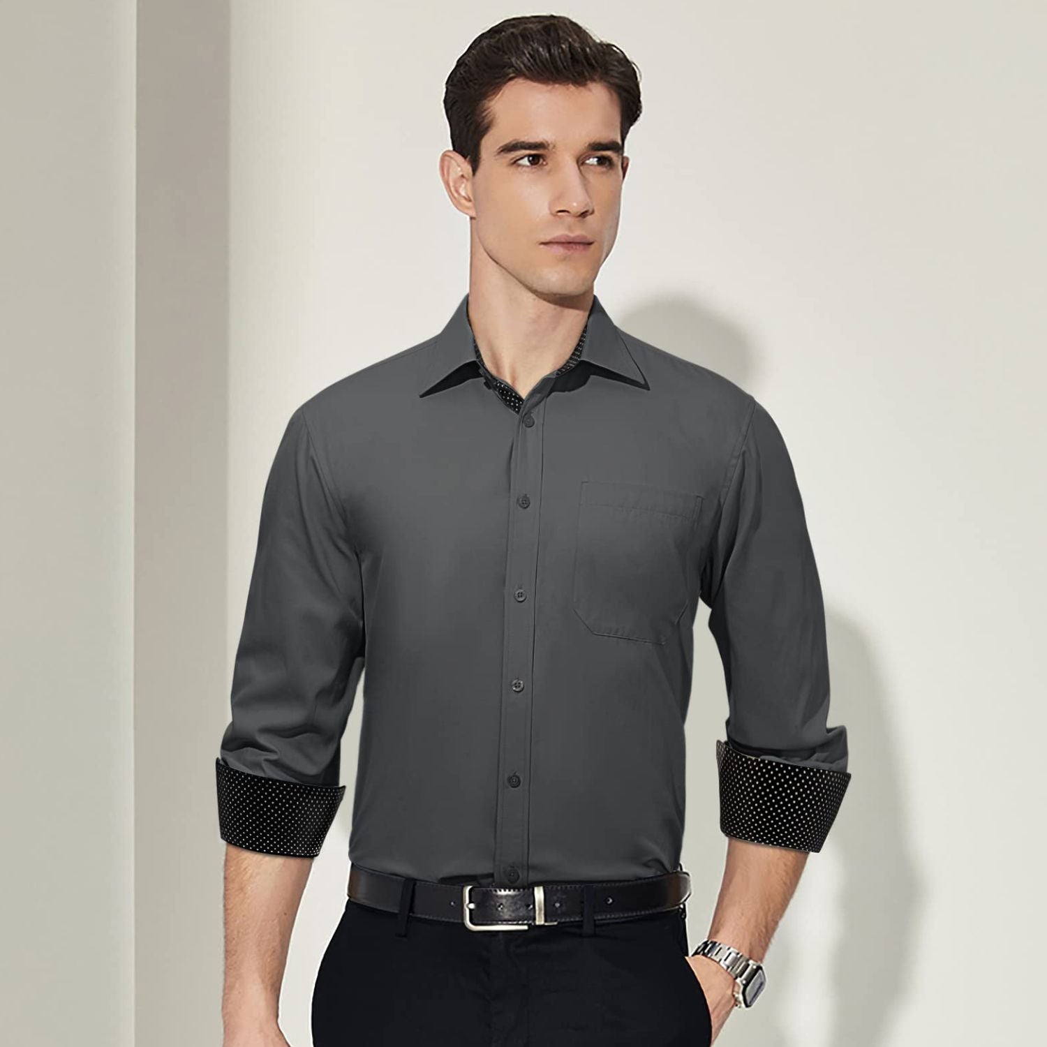 Men's Dress Shirt with Pocket - GREY-1