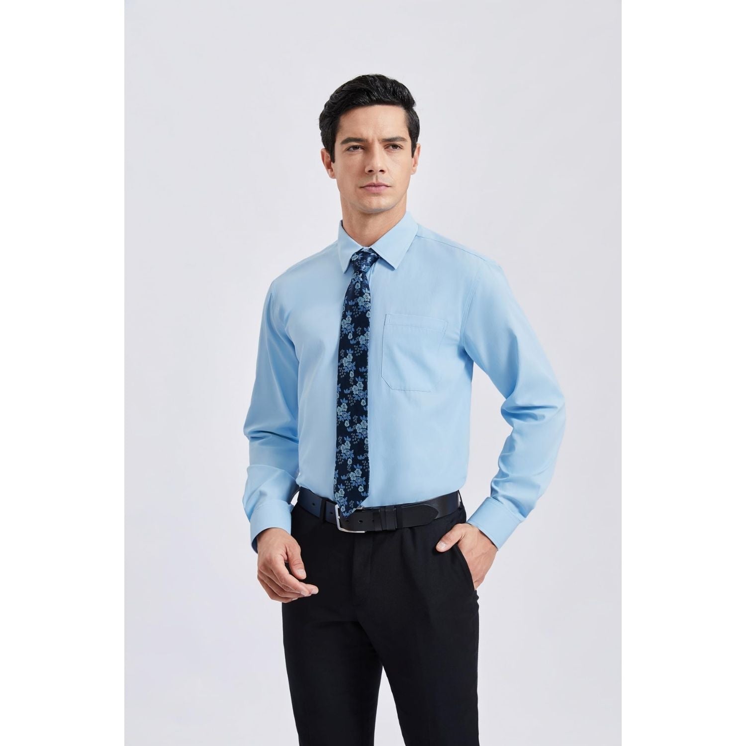 Men's Shirt with Tie Handkerchief Set - LIGHT BLUE/BLUE