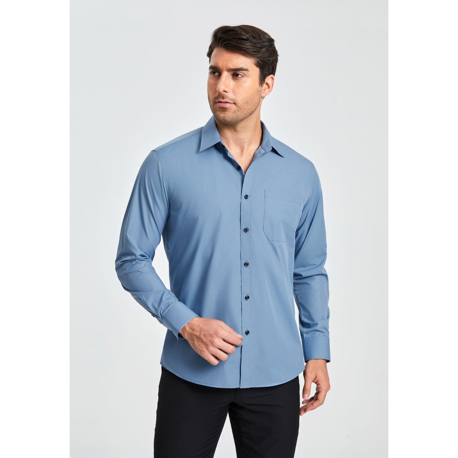 Hisdern Men's Dusty Blue Dress Shirt with Pocket - Formal & Casual