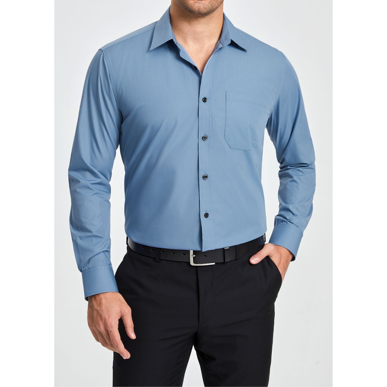 Hisdern Men's Dusty Blue Dress Shirt with Pocket - Formal & Casual