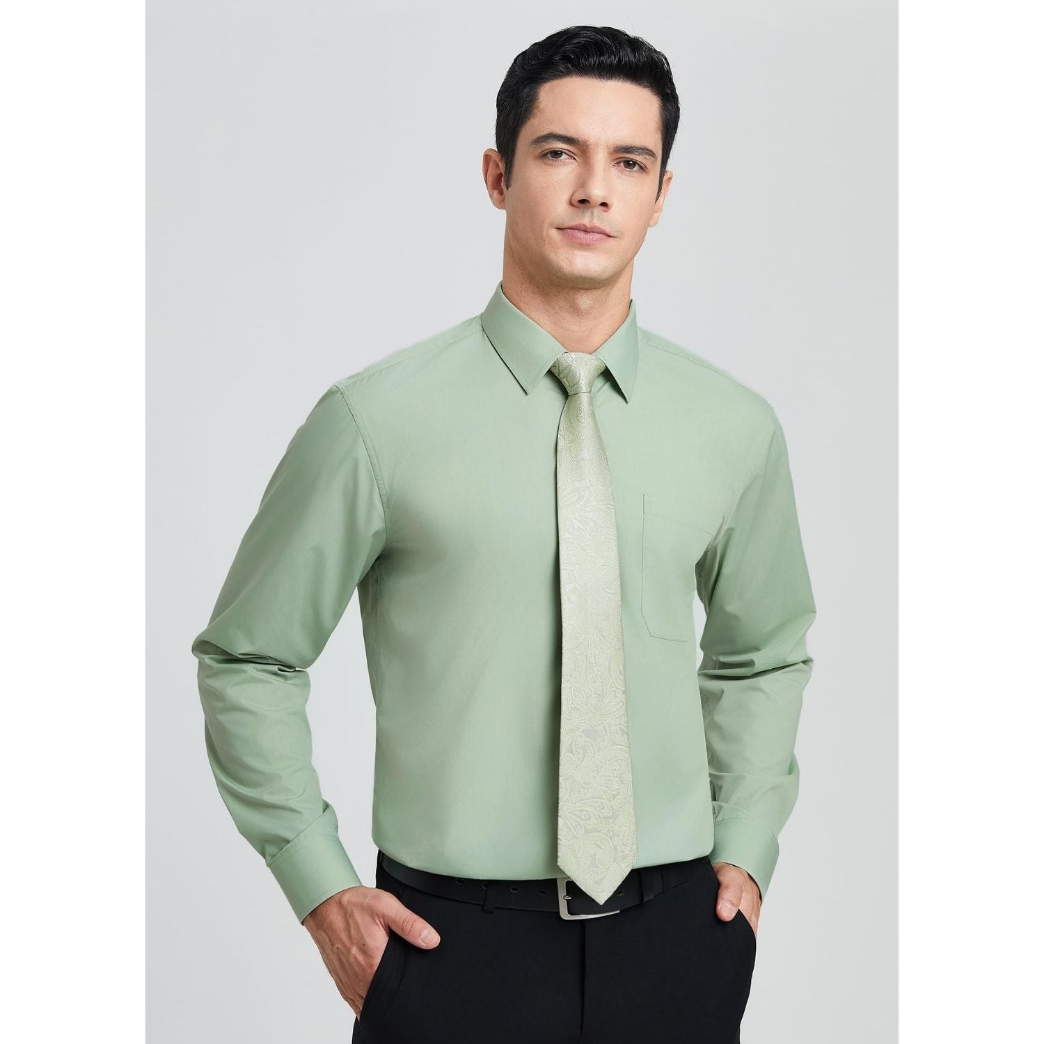 Hisdern Wrinkle-resistant Sage Green Dress Shirt and Paisley Tie