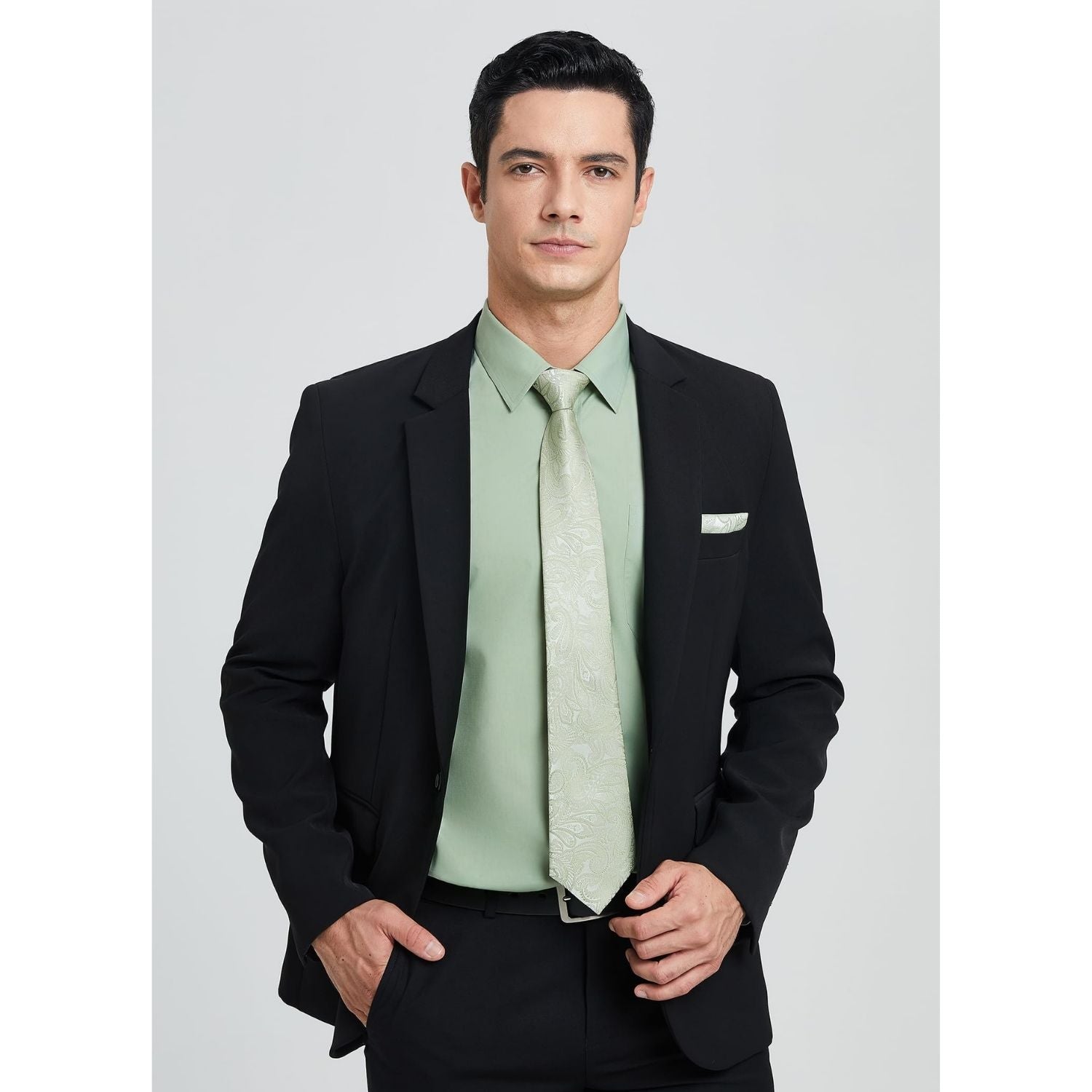 Hisdern Wrinkle-resistant Sage Green Dress Shirt and Paisley Tie