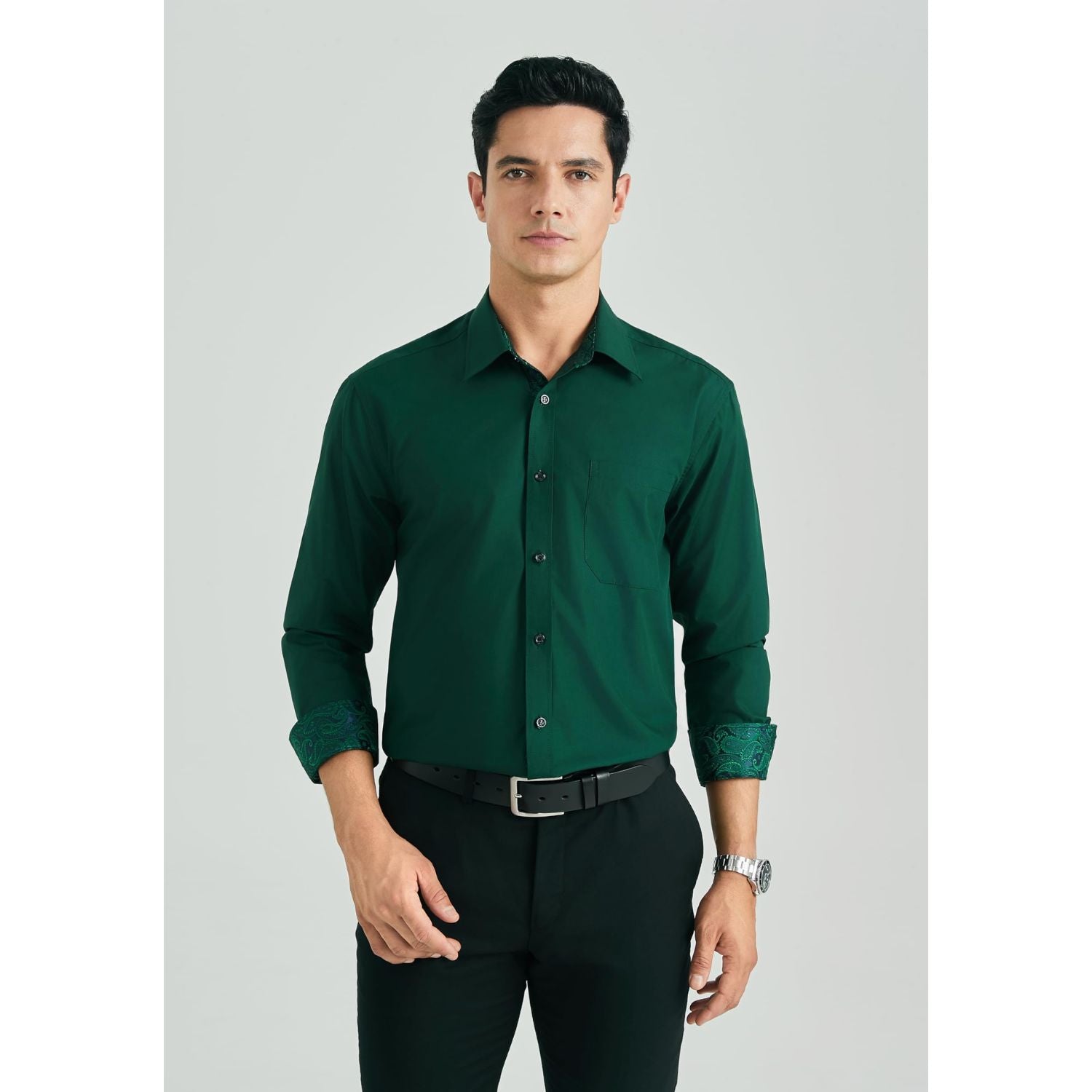 Men's Green Splicing Paisley Dress Shirt For Office Wear