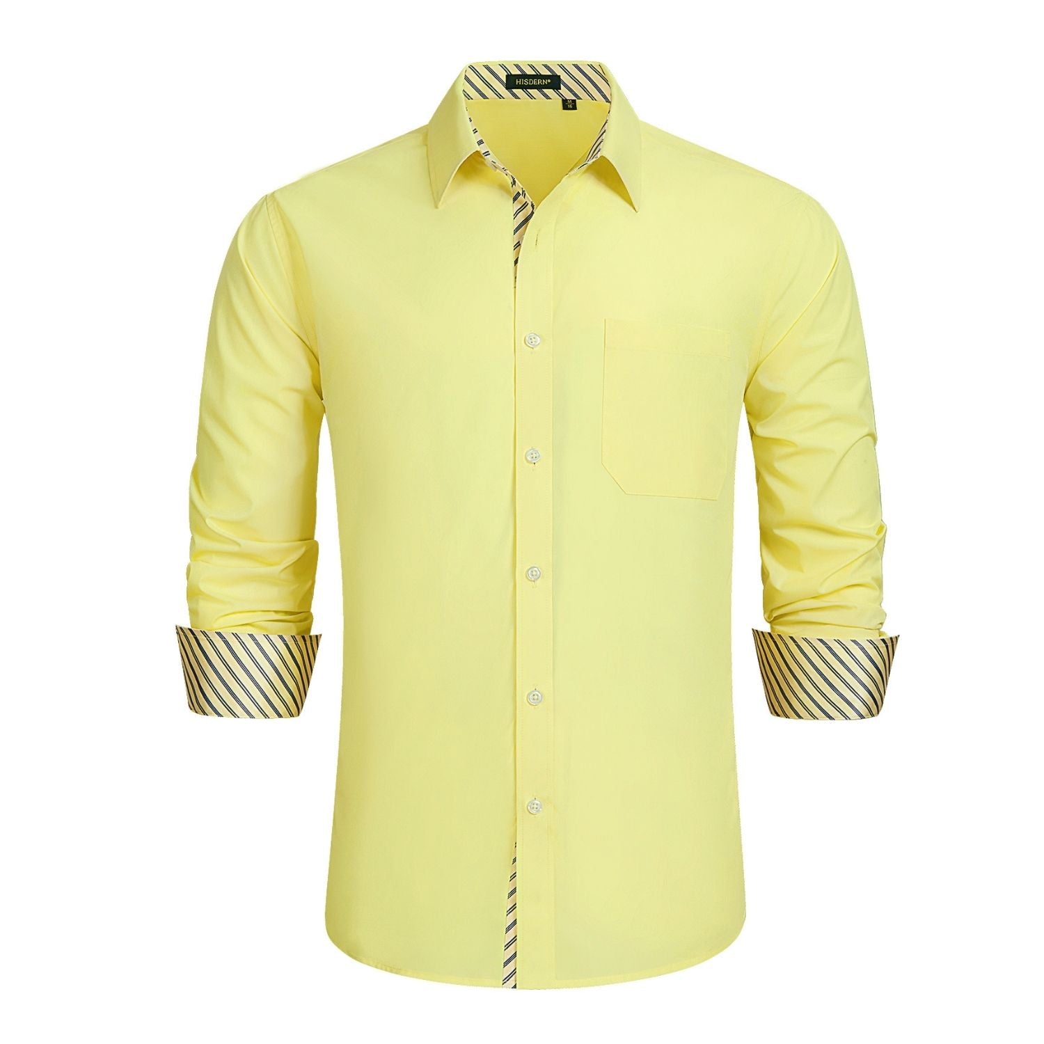 Men's Patchwork Dress Shirt with Pocket - LIGHT YELLOW/STRIPED