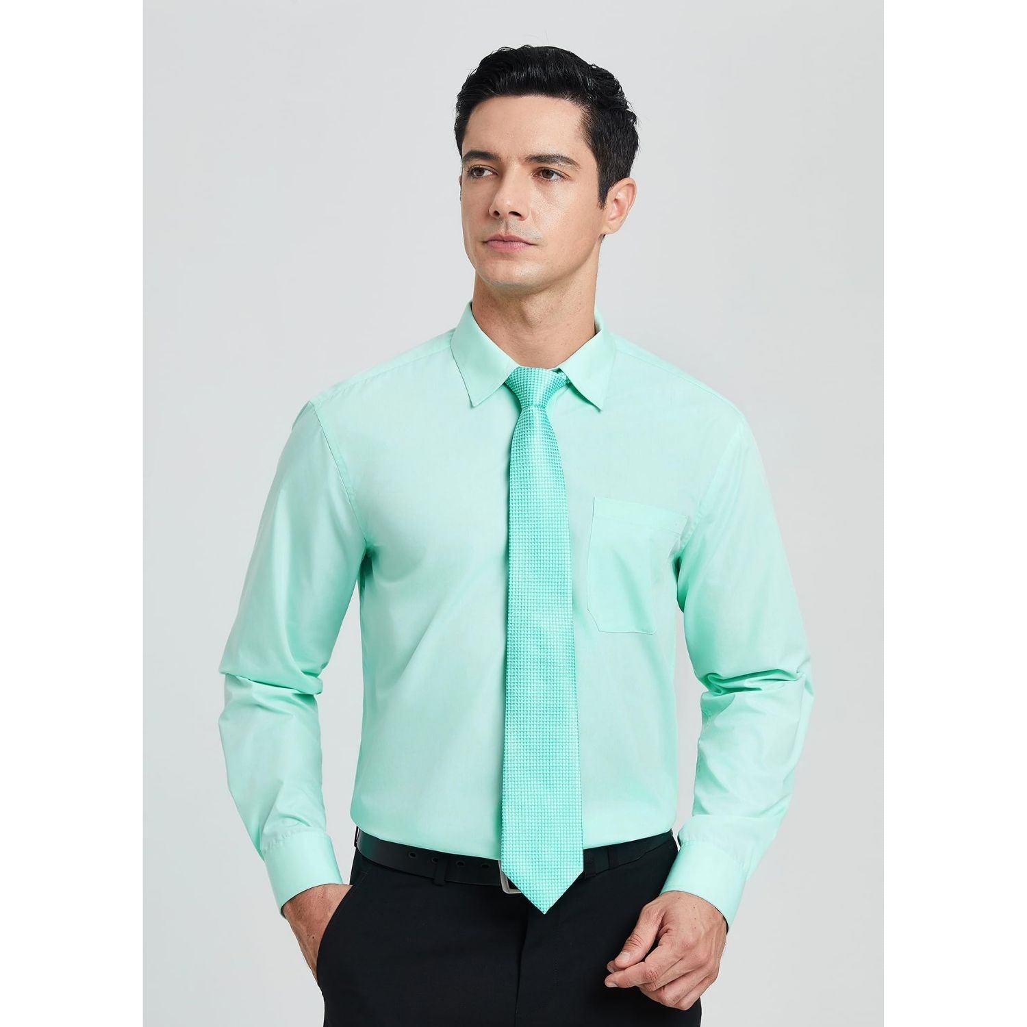 Hisdern Wrinkle-resistant Mint Green Dress Shirt and Matching Houndstooth Tie