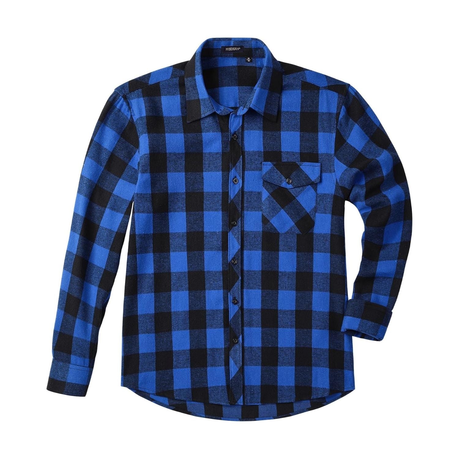 Hisdern Men's Long Sleeve Plaid Shirt Blue Casual Button-Up