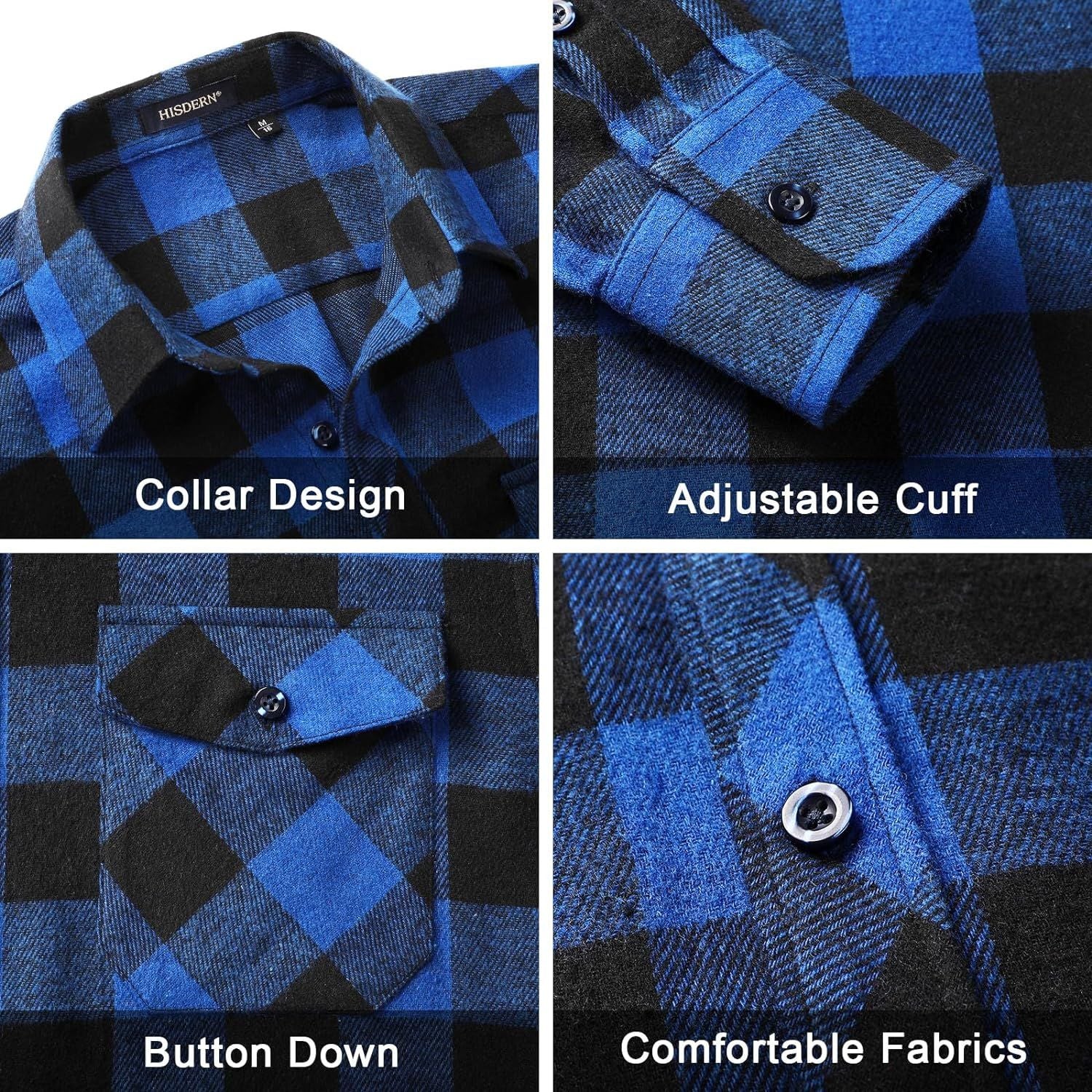 Hisdern Men's Long Sleeve Plaid Shirt Blue Casual Button-Up