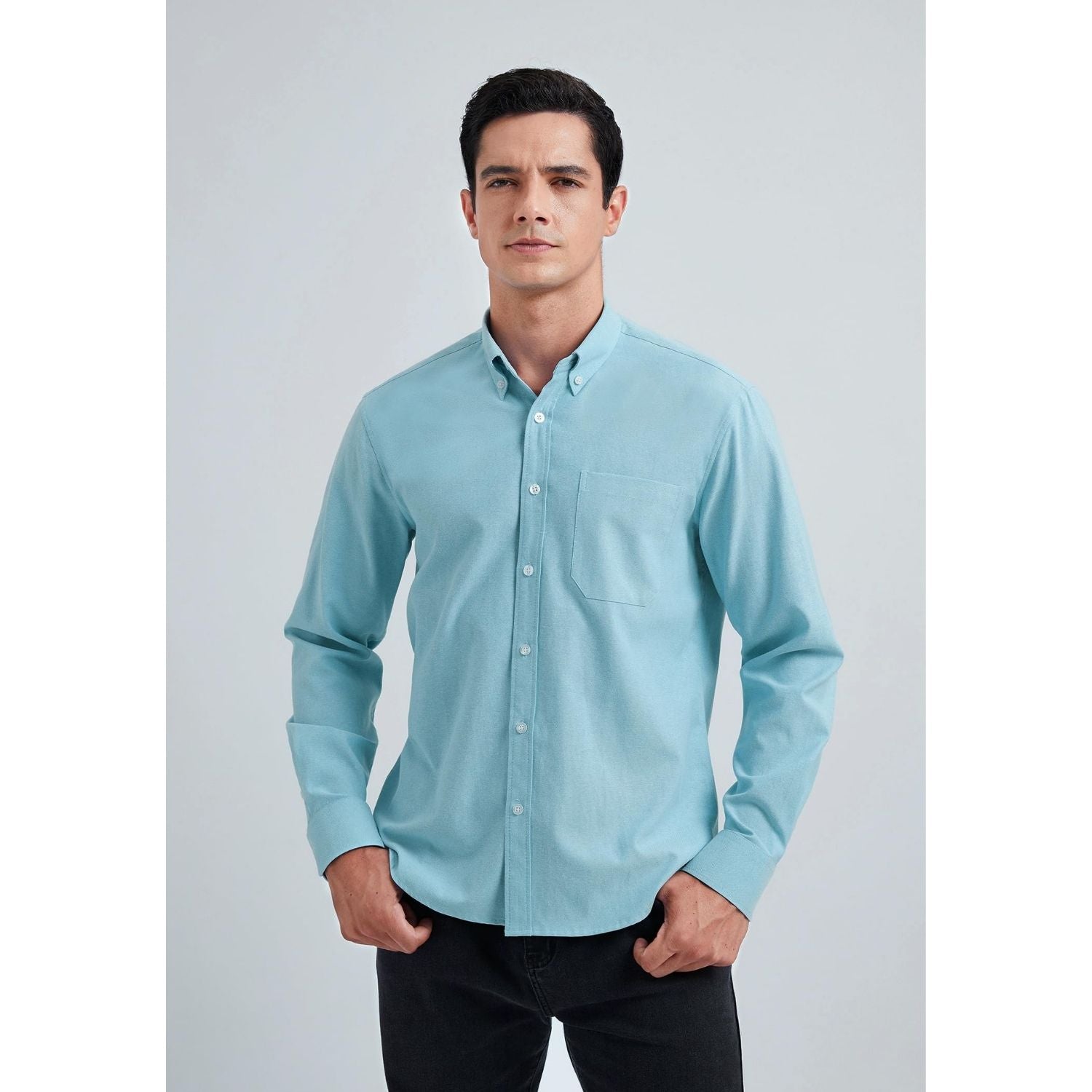 Hisdern Men's Sky Blue Oxford Shirts with Chest Pocket Date Night