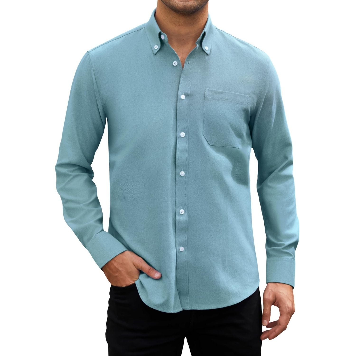 Hisdern Men's Haze Blue Oxford Shirts with Chest Pocket Date Night
