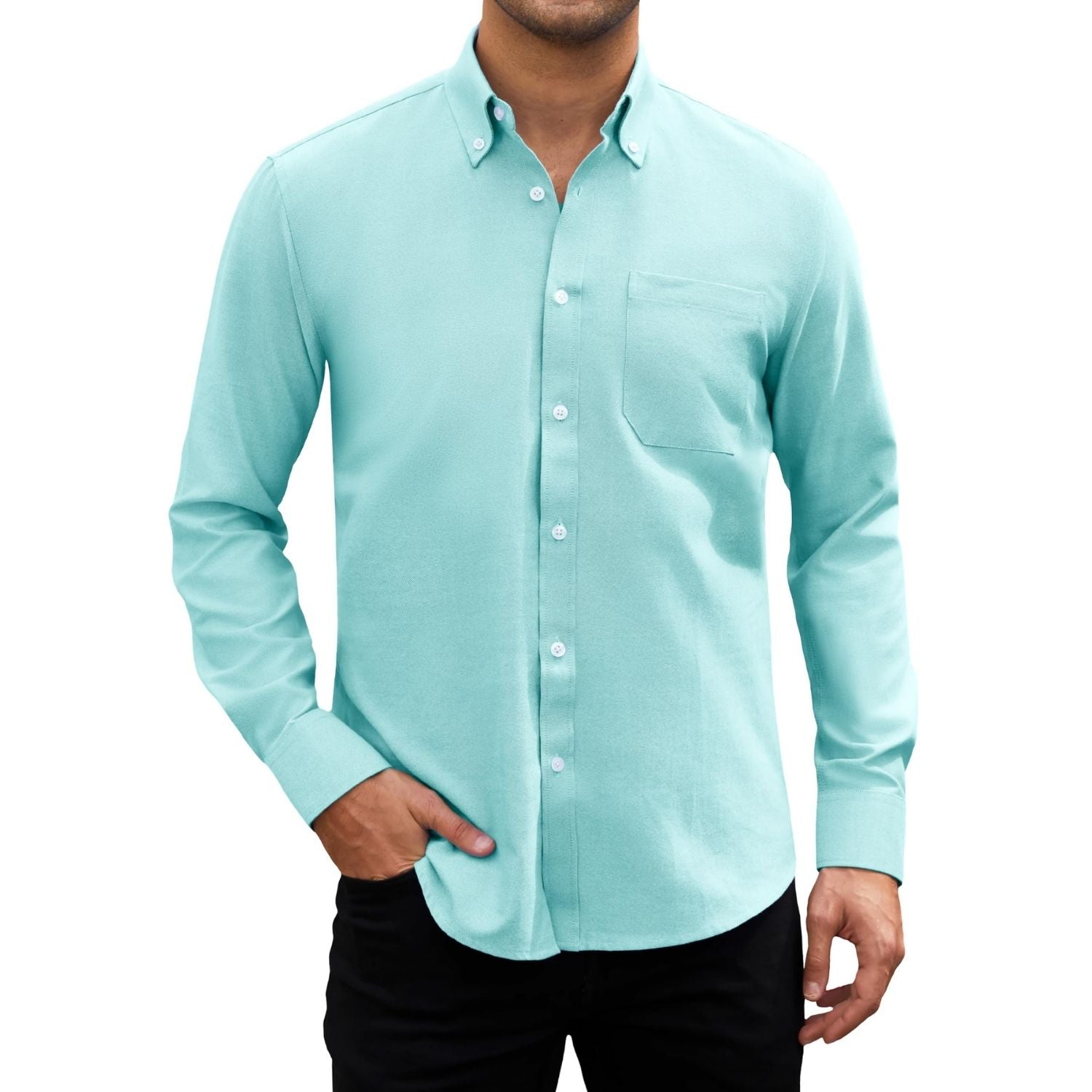Hisdern Men's Lake Blue Oxford Shirts with Chest Pocket Weekend Wear