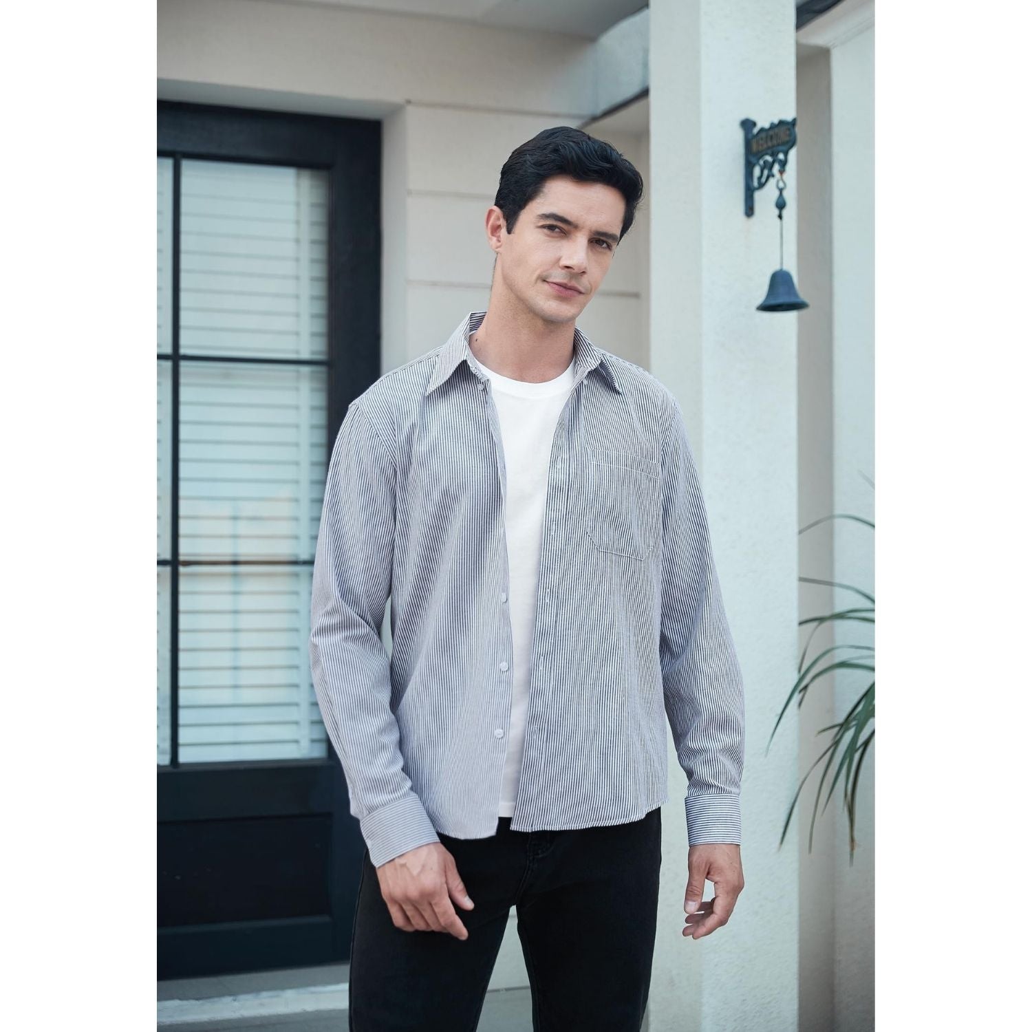 Hisdern Men's Navy Blue White Oxford Shirts with Chest Pocket Weekend Wear