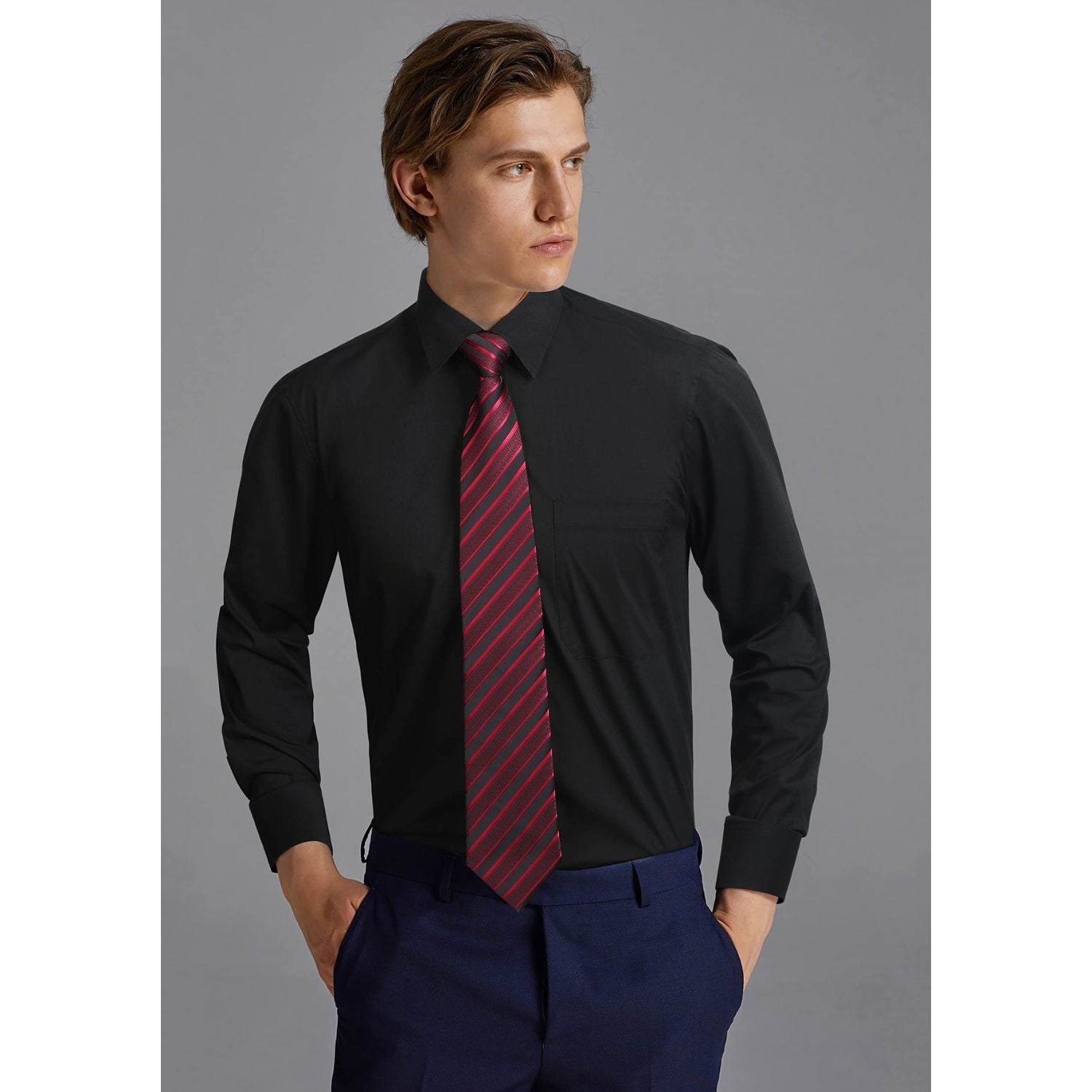 Men's Shirt with Tie Handkerchief Set - BLACK-3
