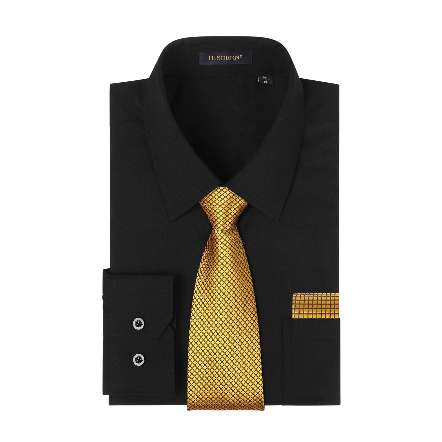 Men's Shirt with Tie Handkerchief Set - BLACK-4