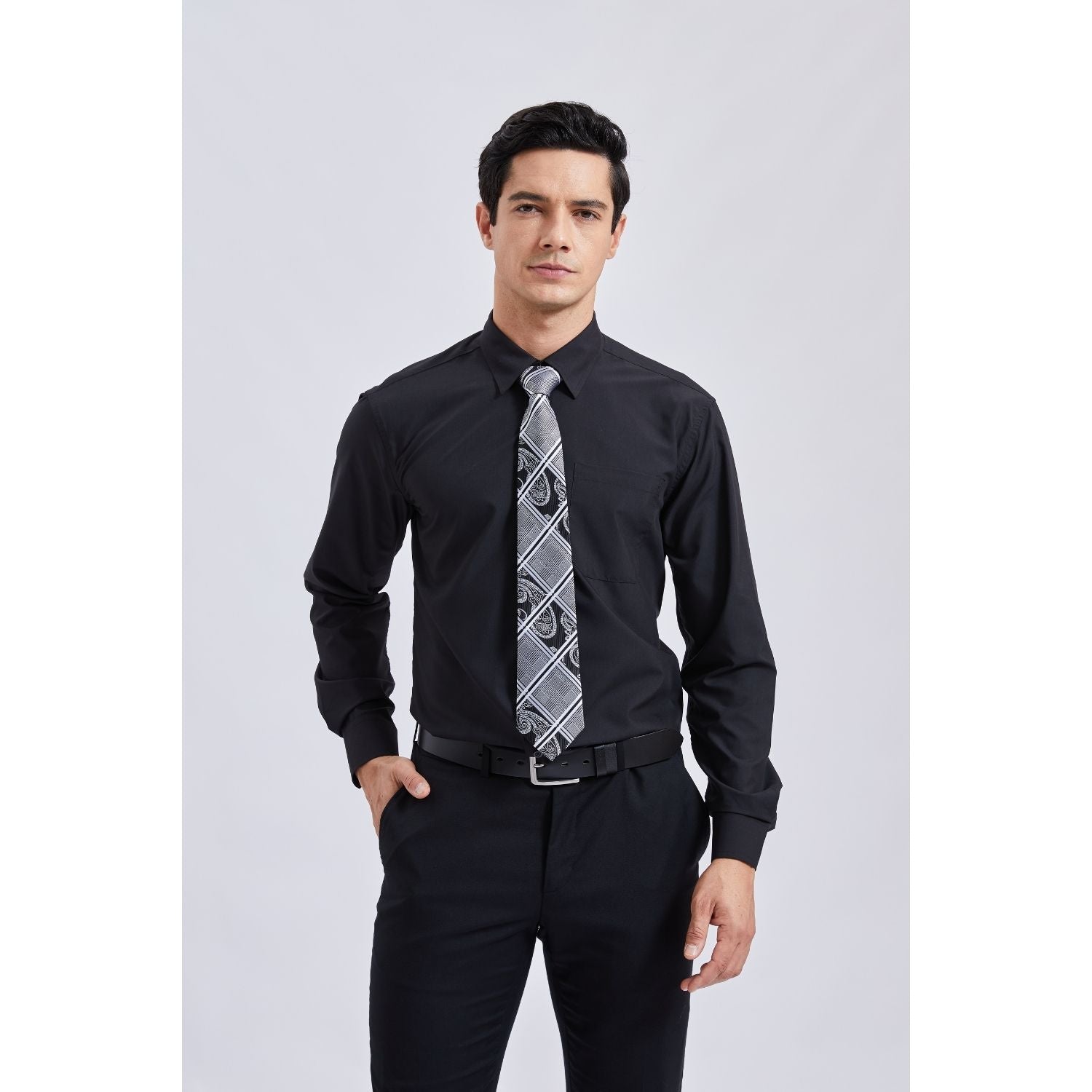 Men's Shirt with Tie Handkerchief Set - 01-BLACK