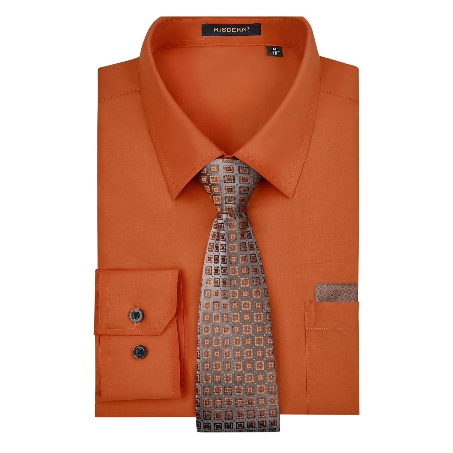 Hisdern Wrinkle-resistant Orange Dress Shirt and Matching Checked Tie