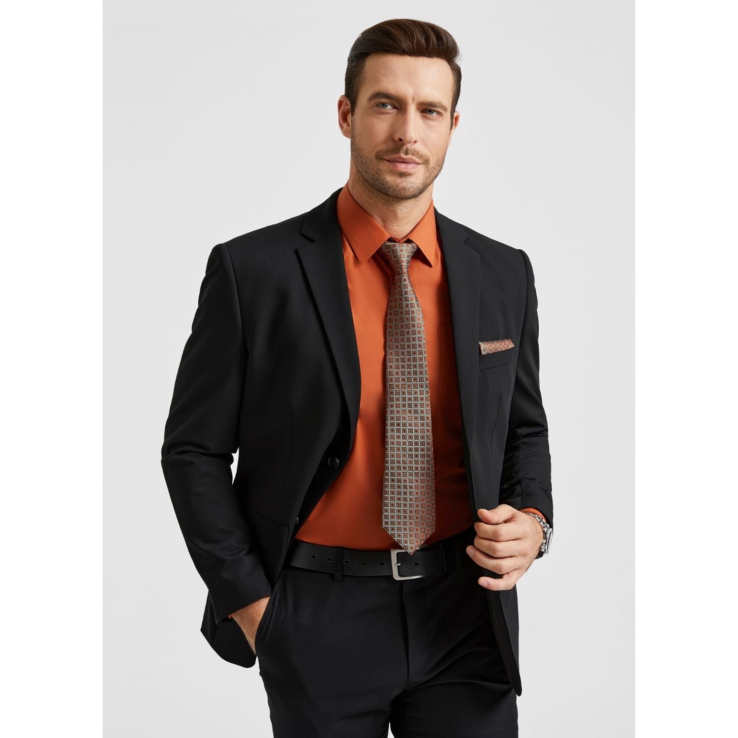 Hisdern Wrinkle-resistant Orange Dress Shirt and Matching Checked Tie
