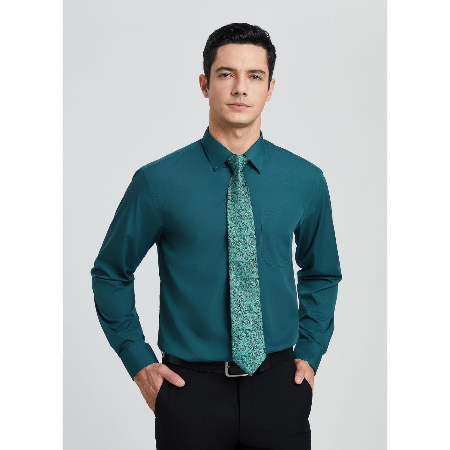 Hisdern Wrinkle-resistant Teal Dress Shirt and Paisley Tie
