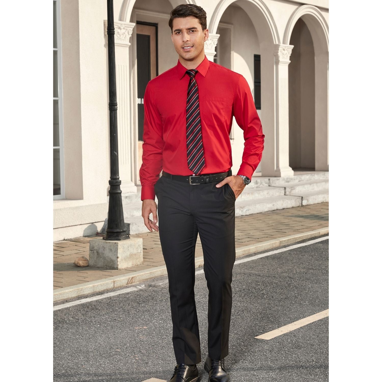 Hisdern Non-iron Red Dress Shirt and Striped Tie