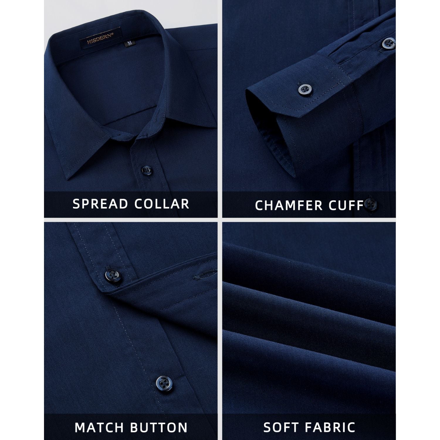 Hisdern Navy Blue Men's Shirt with Tie Handkerchief Set For Business Wedding