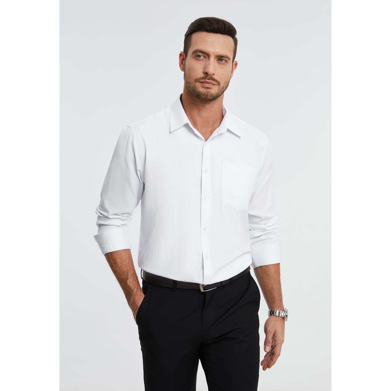 Hisdern Men's White Dress Shirt with Pocket - Formal & Casual