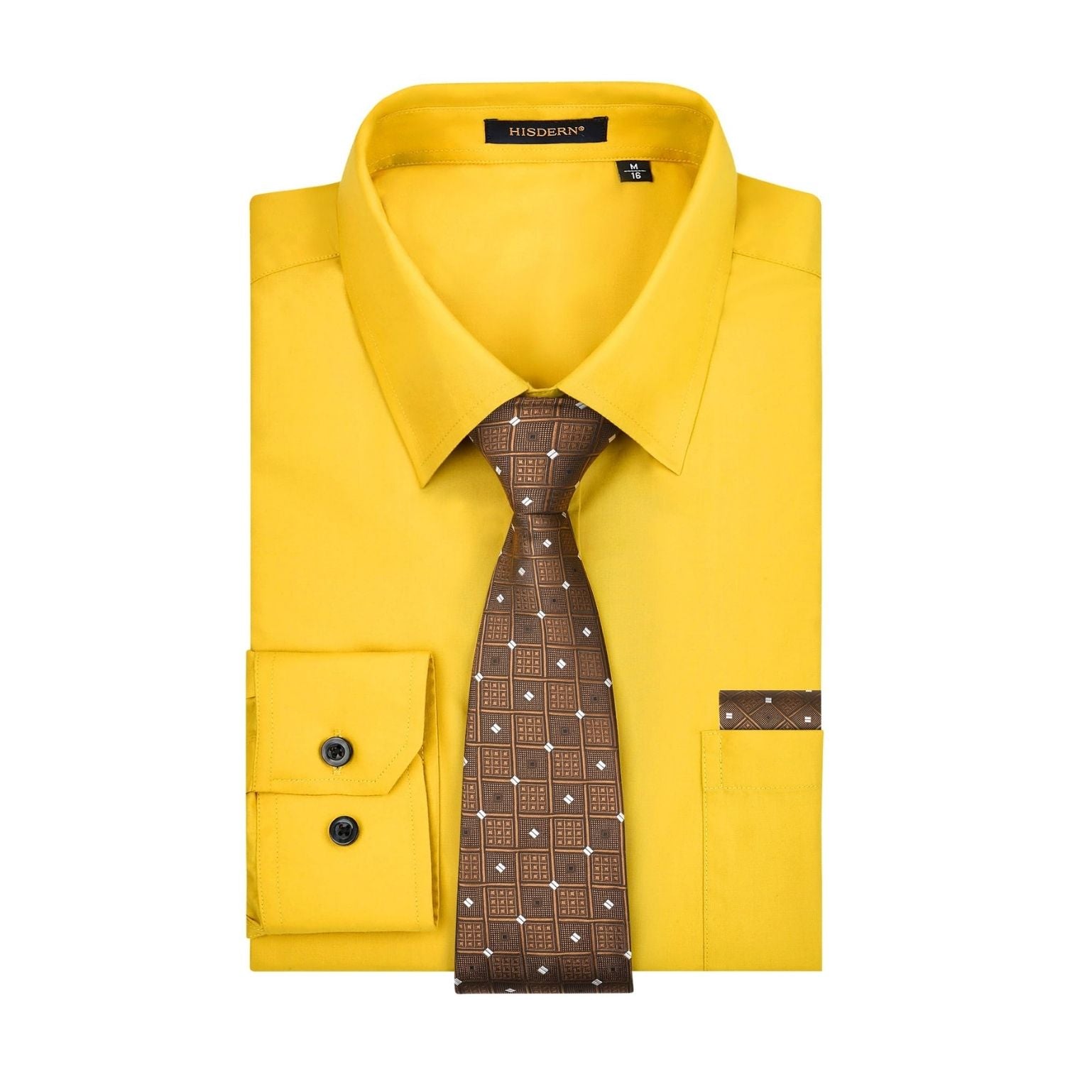 Hisdern Wrinkle-resistant Yellow Dress Shirt and Matching Checked Tie