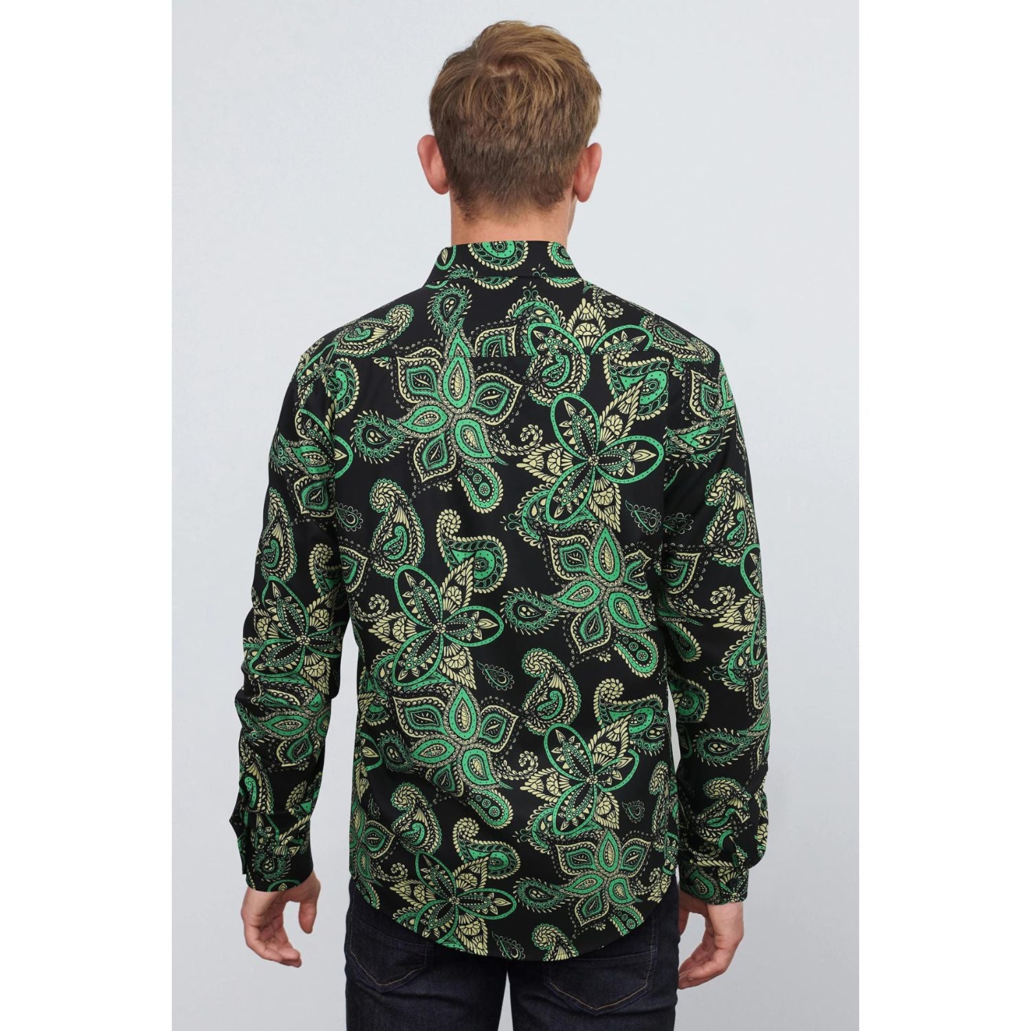 Men's Long Sleeve Shiny Shirt With Printing - BLACK/GREEN