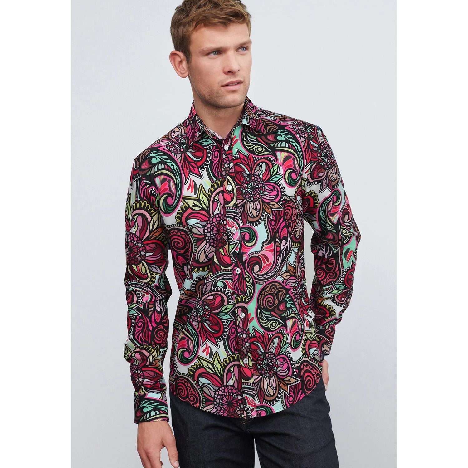 Men's Long Sleeve Shiny Shirt With Printing - RED