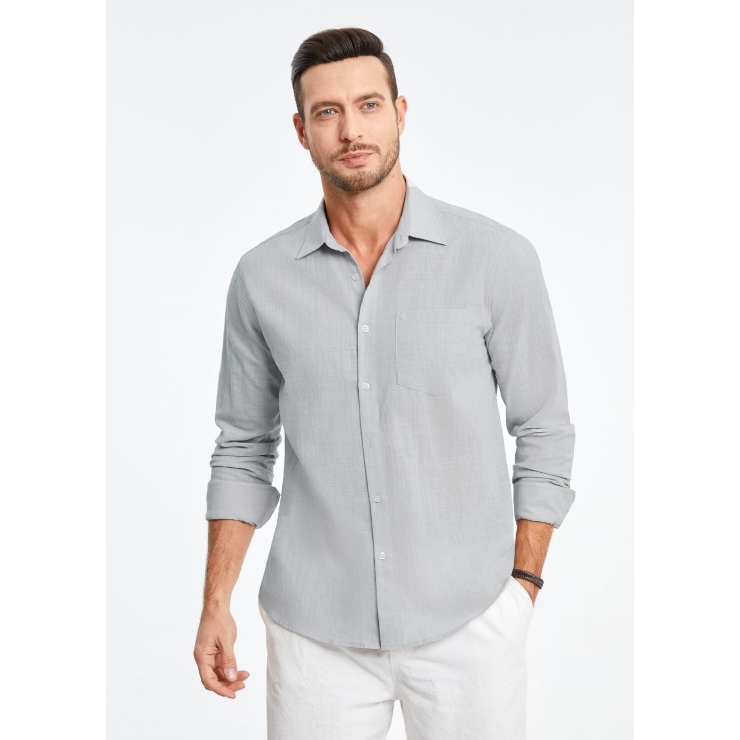 Men's Long Sleeve Grey Casual Linen Shirts for Summer Beach