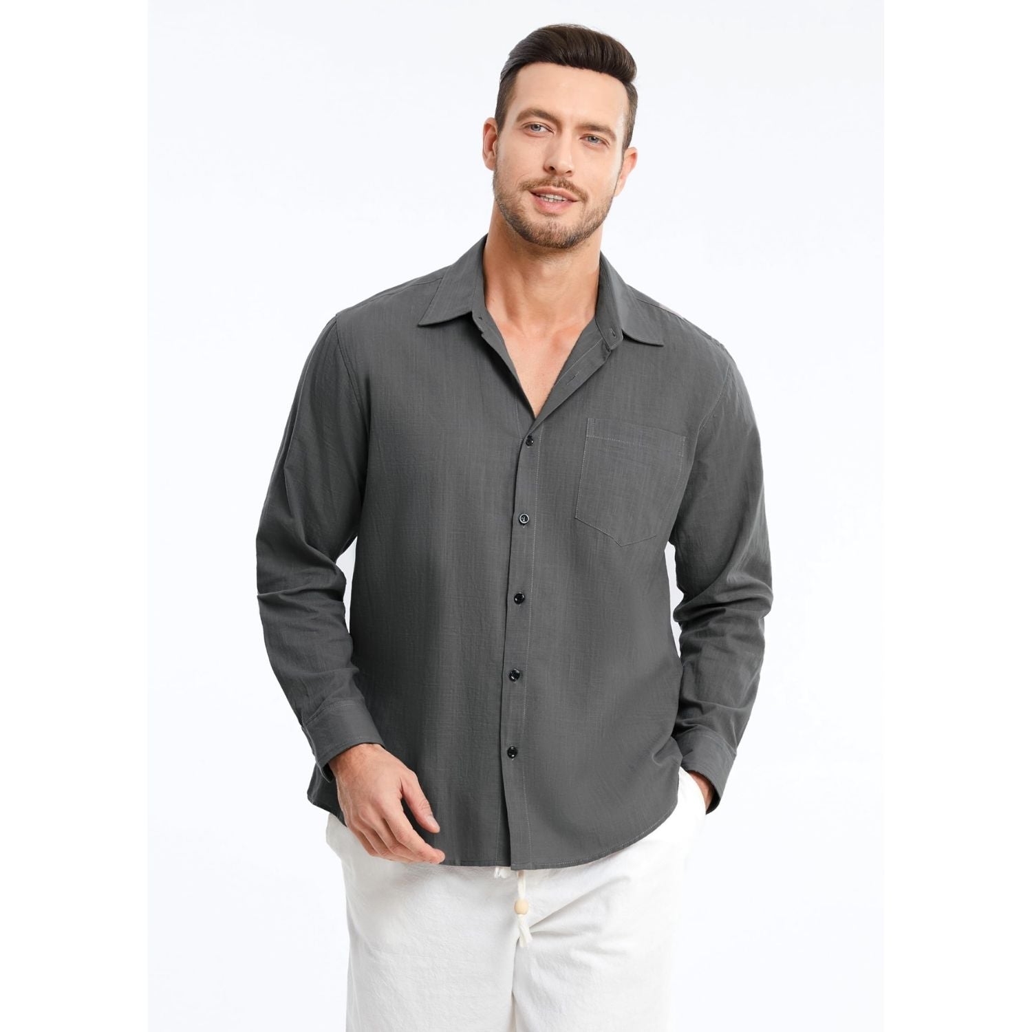 Men's Long Sleeve Dark Grey Casual Linen Shirts for Summer Beach