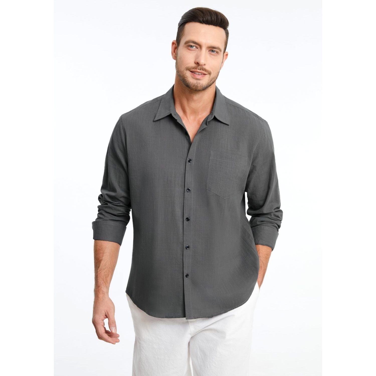 Men's Long Sleeve Dark Grey Casual Linen Shirts for Summer Beach