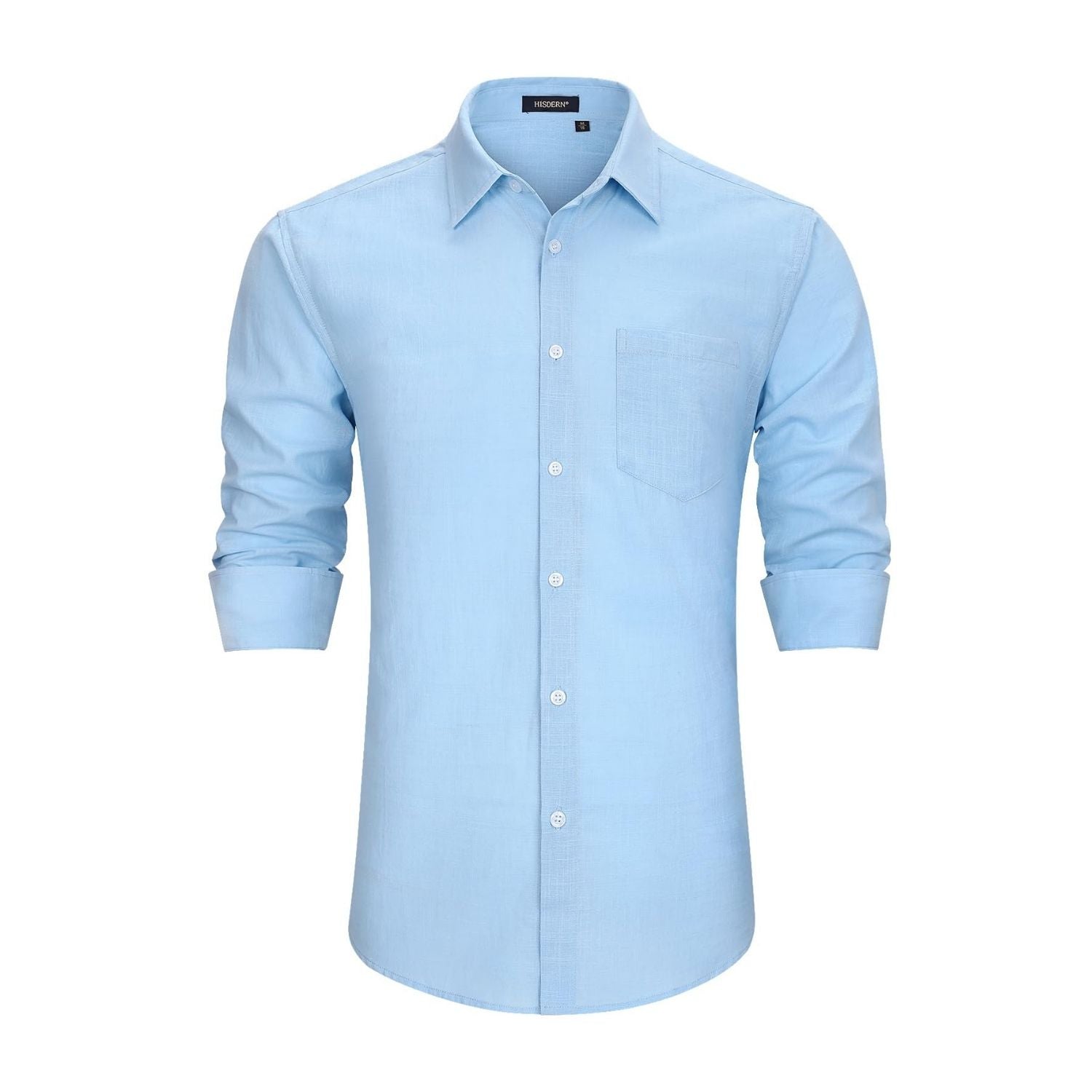 Men's Long Sleeve Light Blue Casual Linen Shirts for Summer Beach