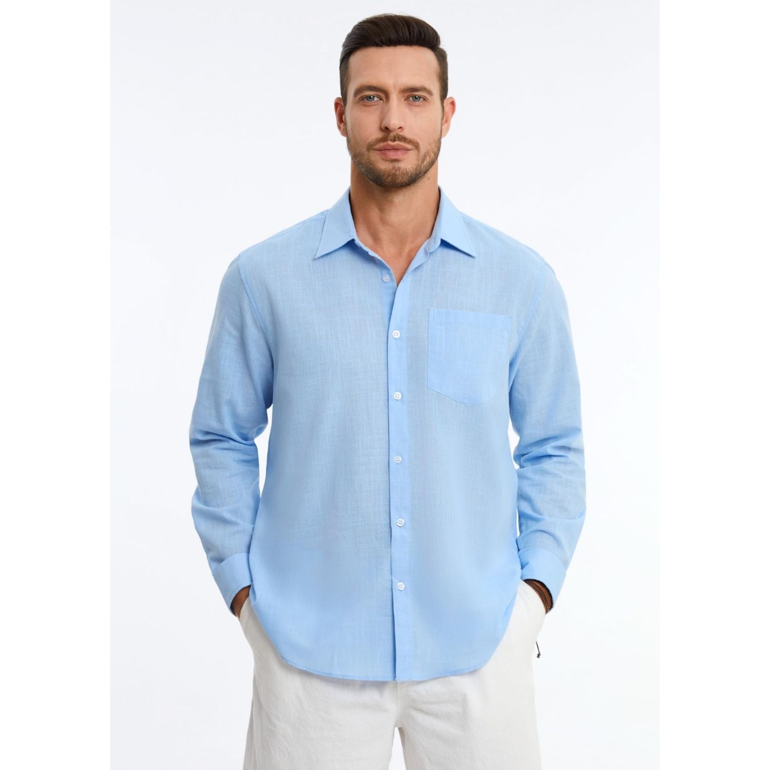 Men's Long Sleeve Light Blue Casual Linen Shirts for Summer Beach