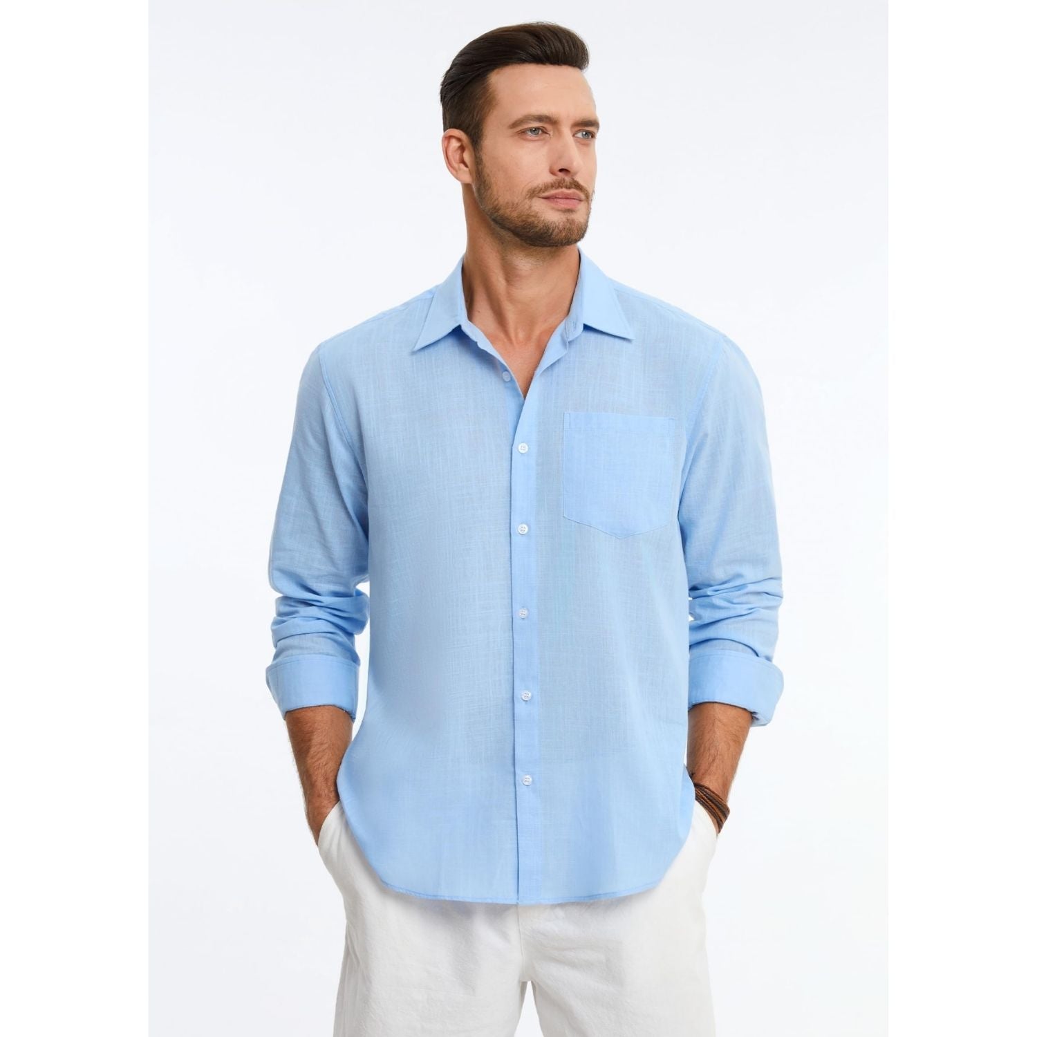 Men's Long Sleeve Light Blue Casual Linen Shirts for Summer Beach