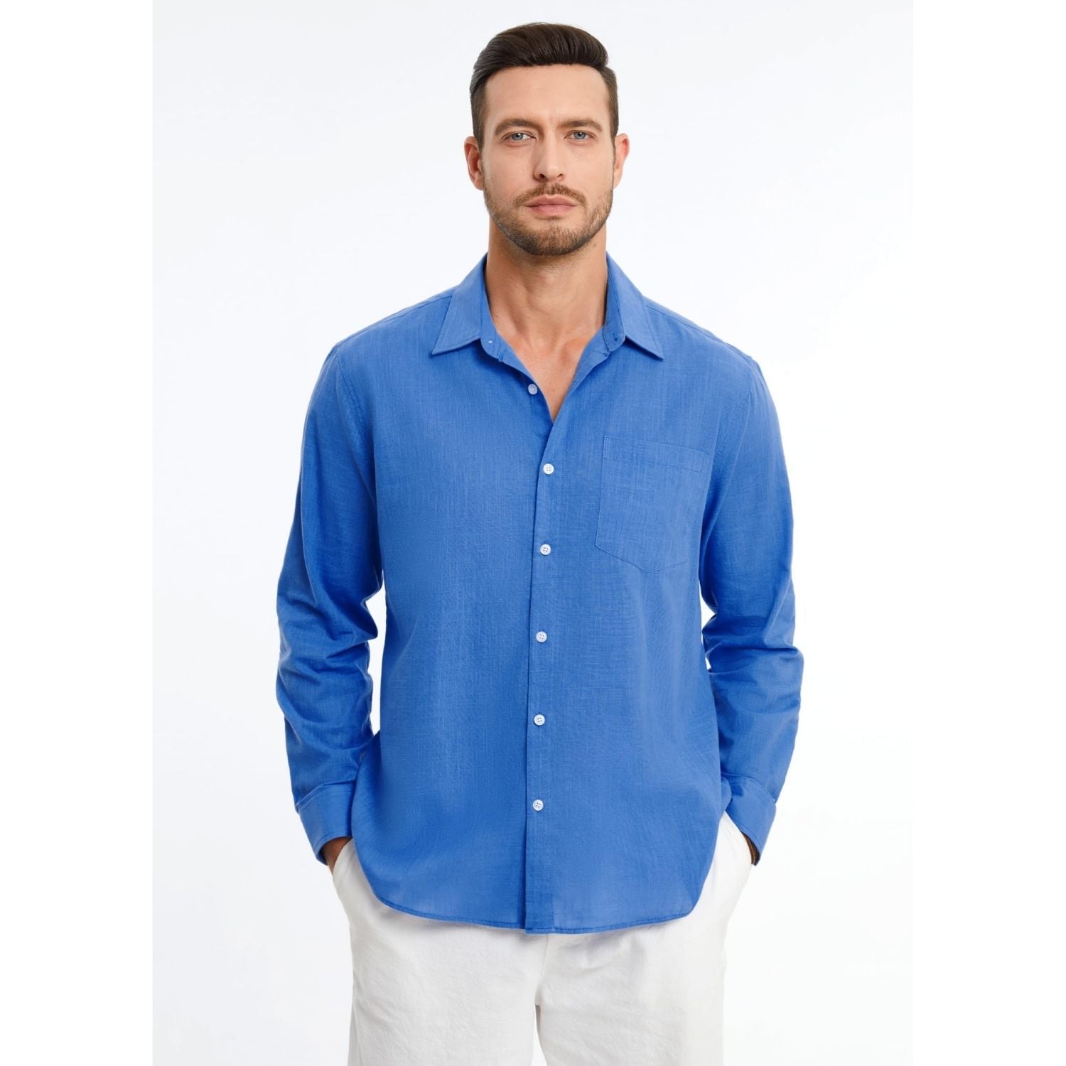 Men's Long Sleeve Azul Casual Linen Shirts for Summer Beach