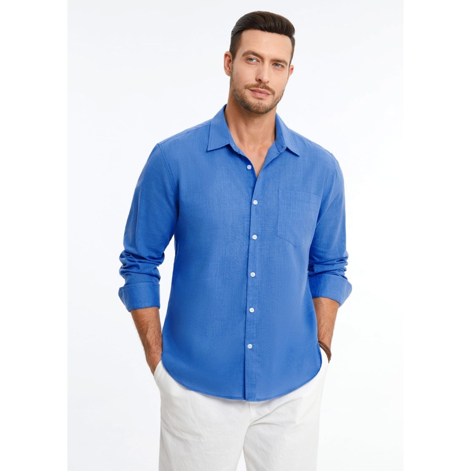 Men's Long Sleeve Azul Casual Linen Shirts for Summer Beach