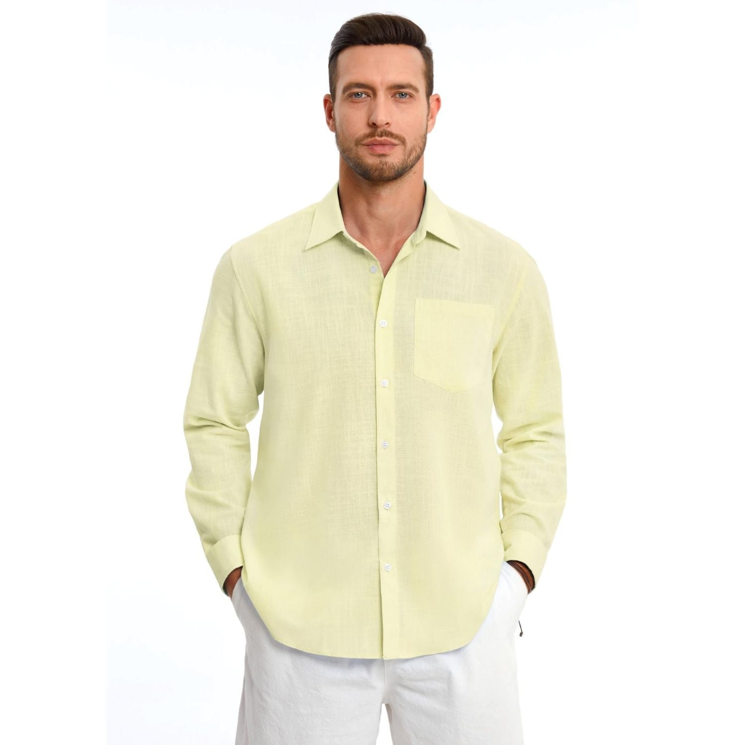 Hisdern Men's Long Sleeve Light Yellow Casual Linen Shirts for Summer Beach