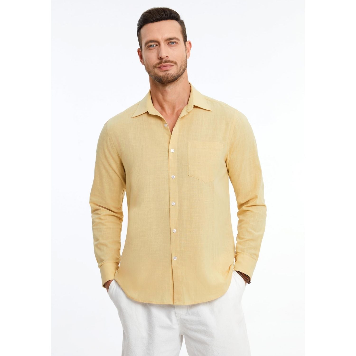 Men's Long Sleeve Beige Casual Linen Shirts for Summer Beach