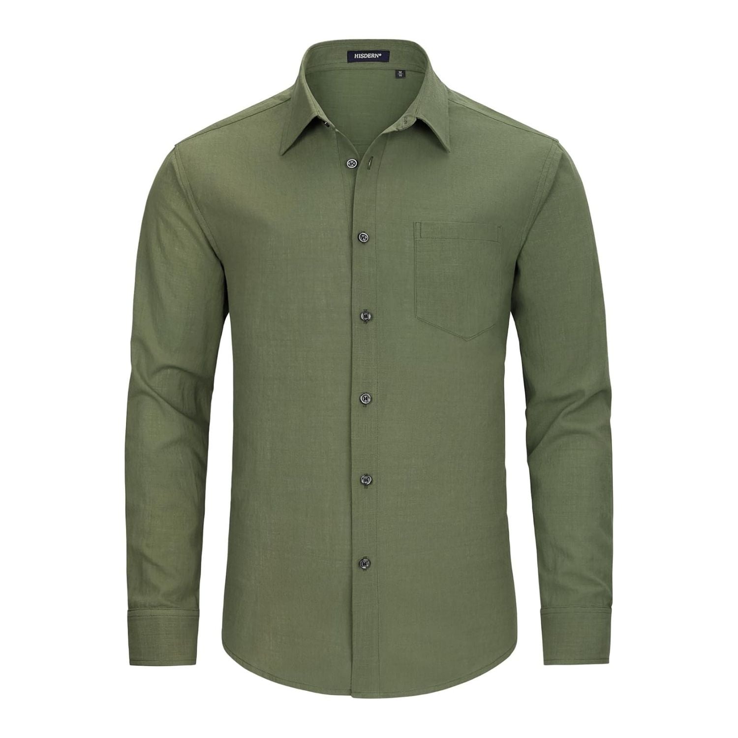 Men's Long Sleeve Olive Green Casual Linen Shirts for Summer Beach