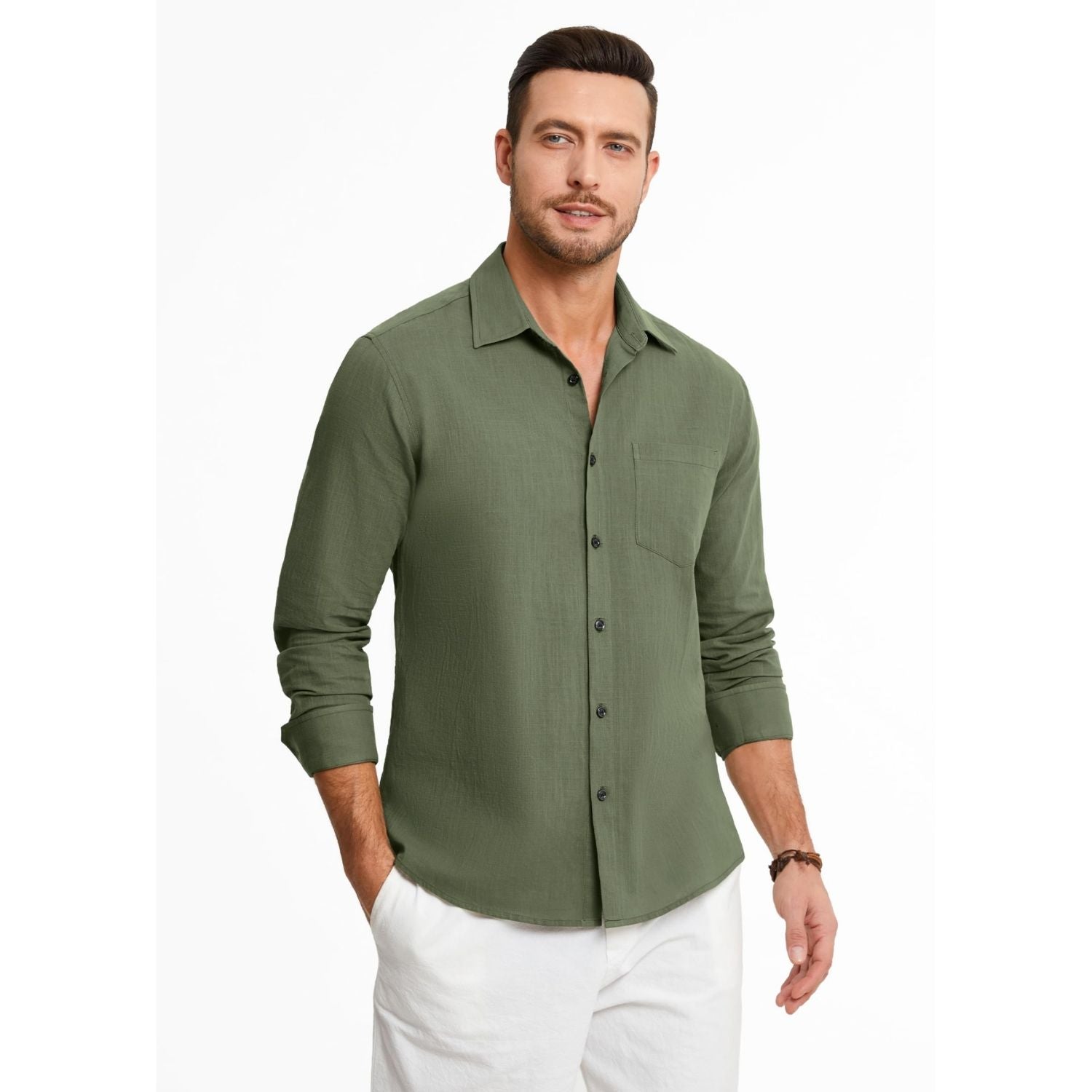 Men's Long Sleeve Olive Green Casual Linen Shirts for Summer Beach