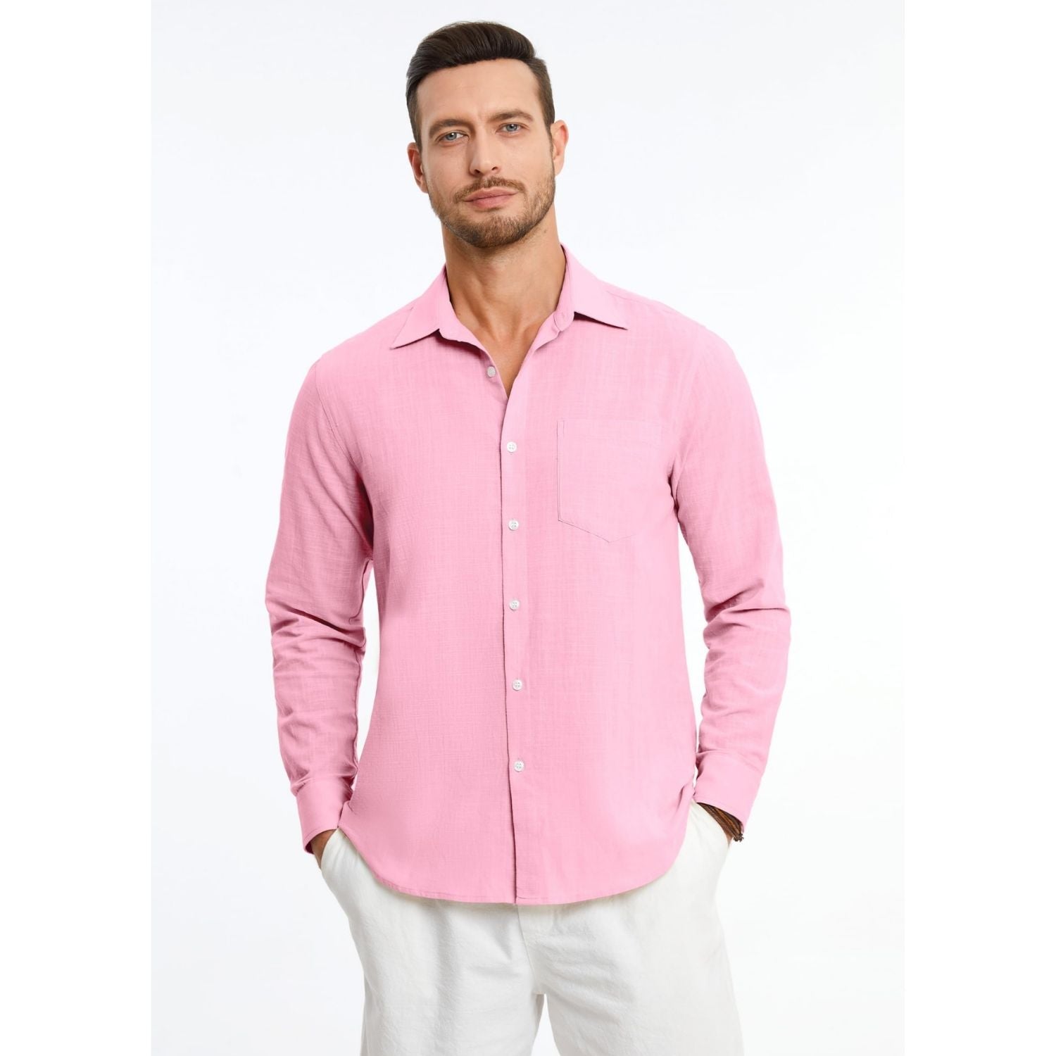 Men's Long Sleeve Pink Casual Linen Shirts for Summer Beach