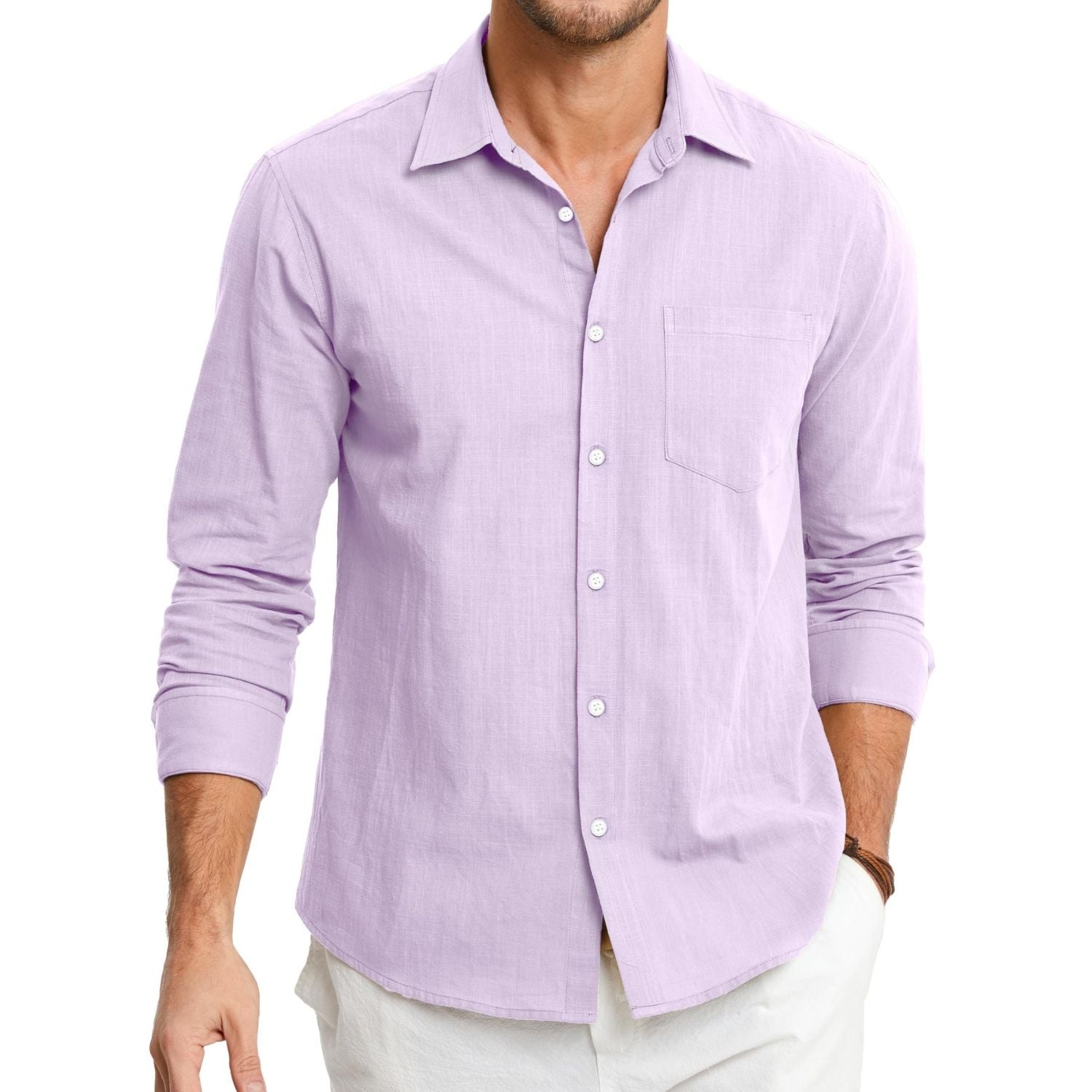 Hisdern Men's Long Sleeve Lavender Casual Linen Shirts for Summer Beach