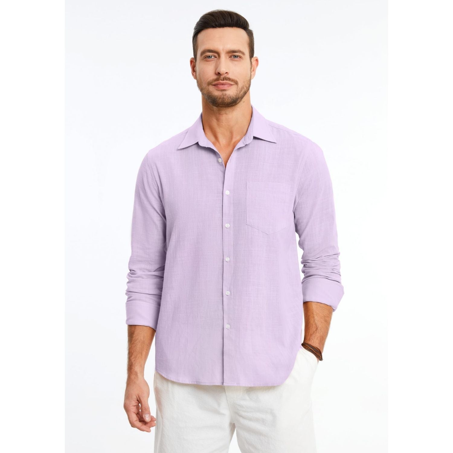 Hisdern Men's Long Sleeve Lavender Casual Linen Shirts for Summer Beach