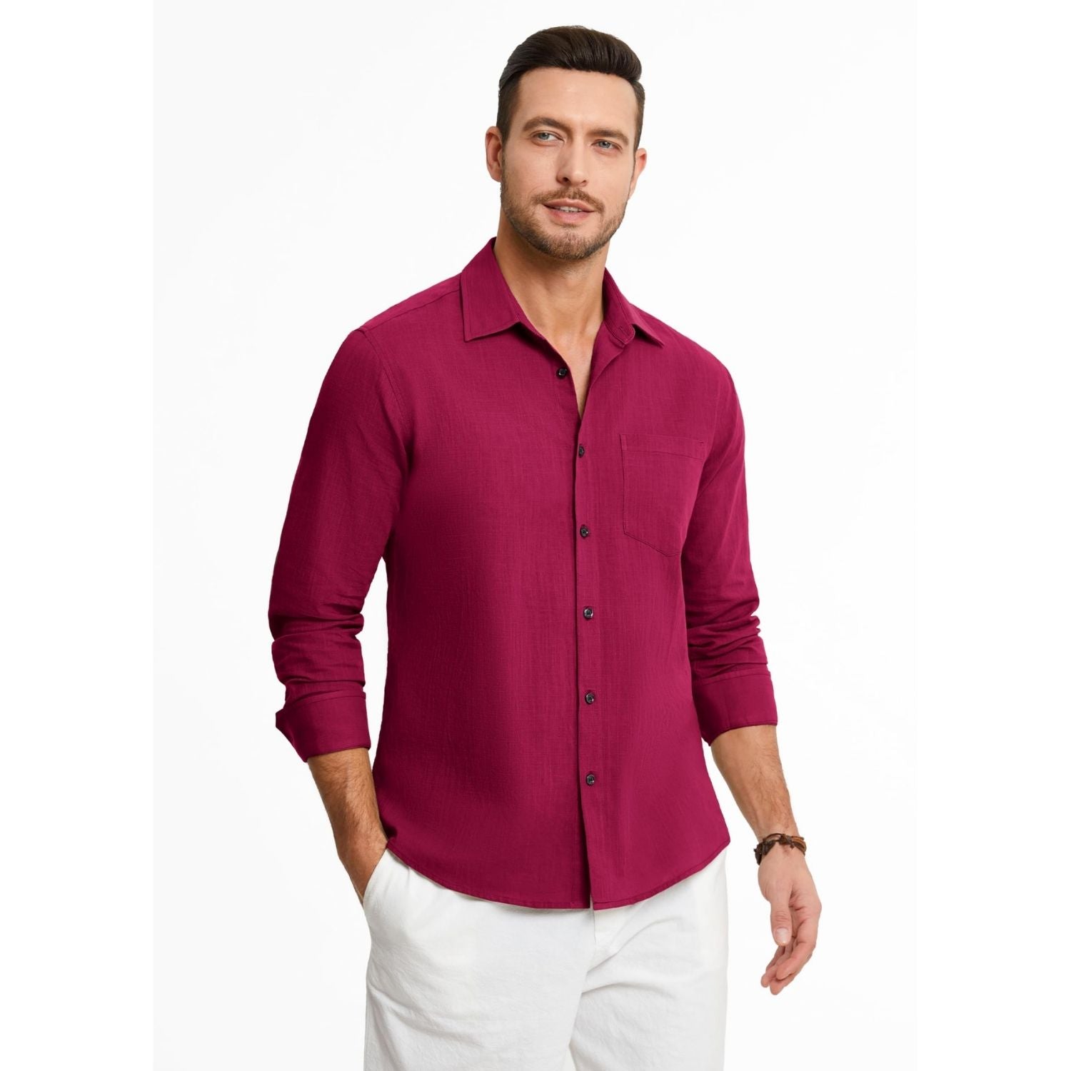 Men's Long Sleeve Red Casual Linen Shirts for Summer Beach