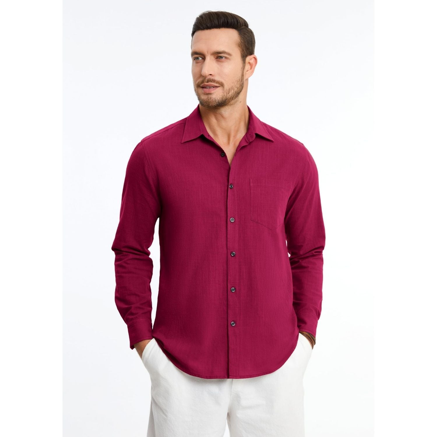 Men's Long Sleeve Red Casual Linen Shirts for Summer Beach