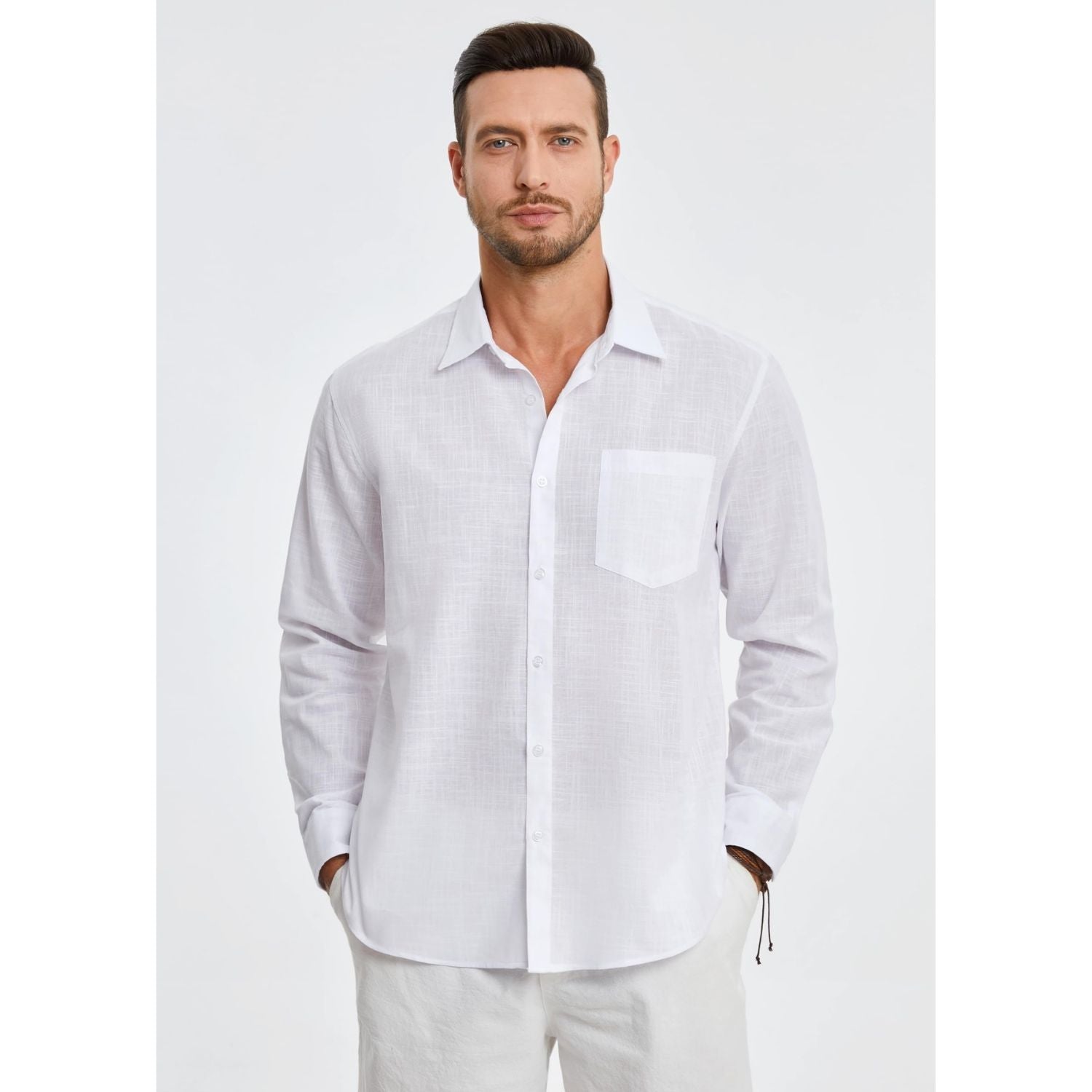 Men's Long Sleeve White Casual Linen Shirts for Summer Beach