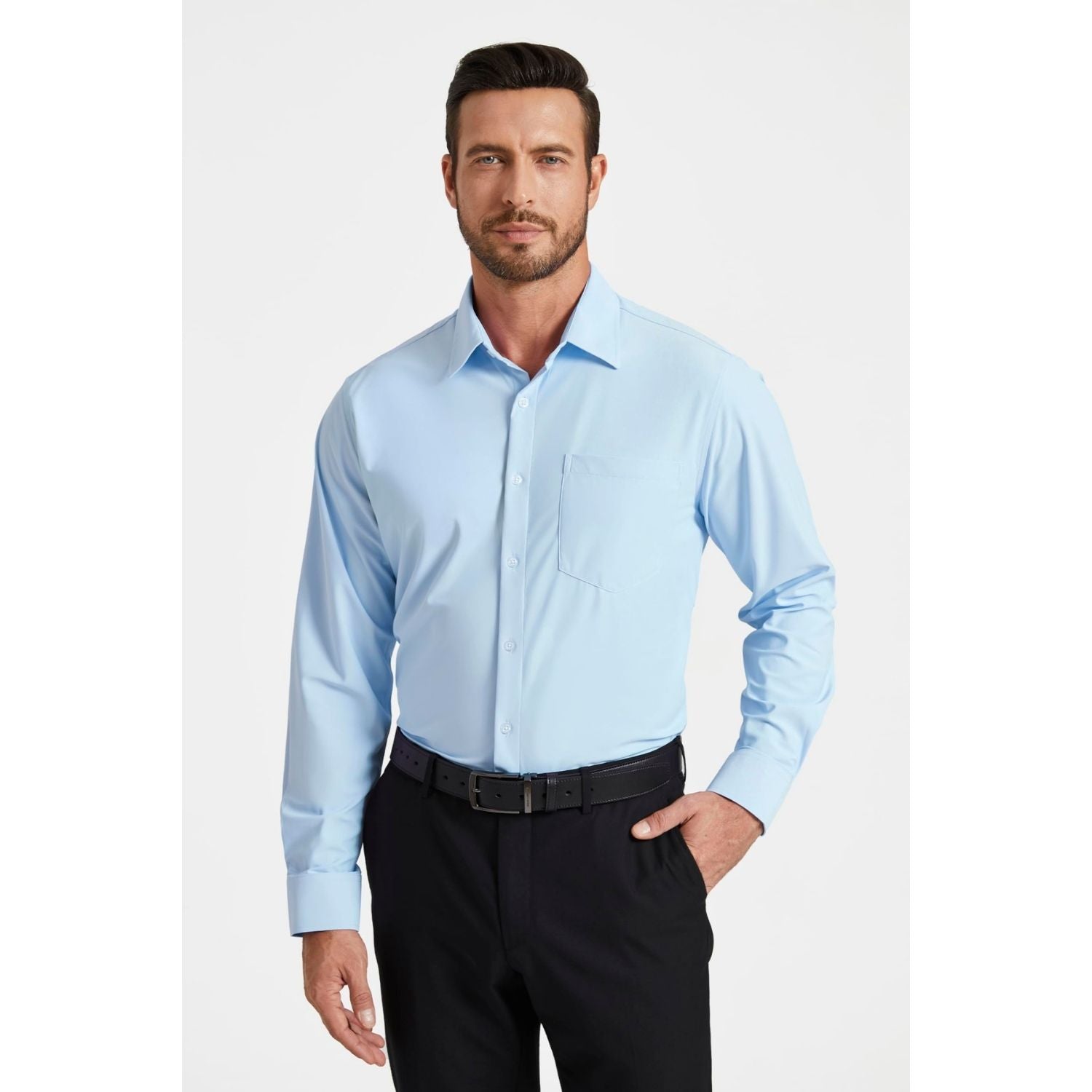 Hisdern Men's Stretch Wrinkle Free Dress Shirts Long Sleeve Non-Iron Light Blue for Work